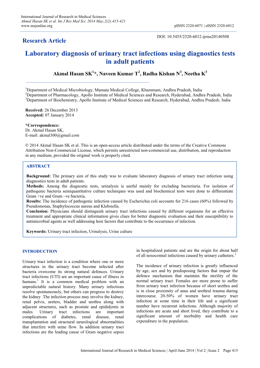 Laboratory Diagnosis of Urinary Tract Infections Using Diagnostics Tests in Adult Patients