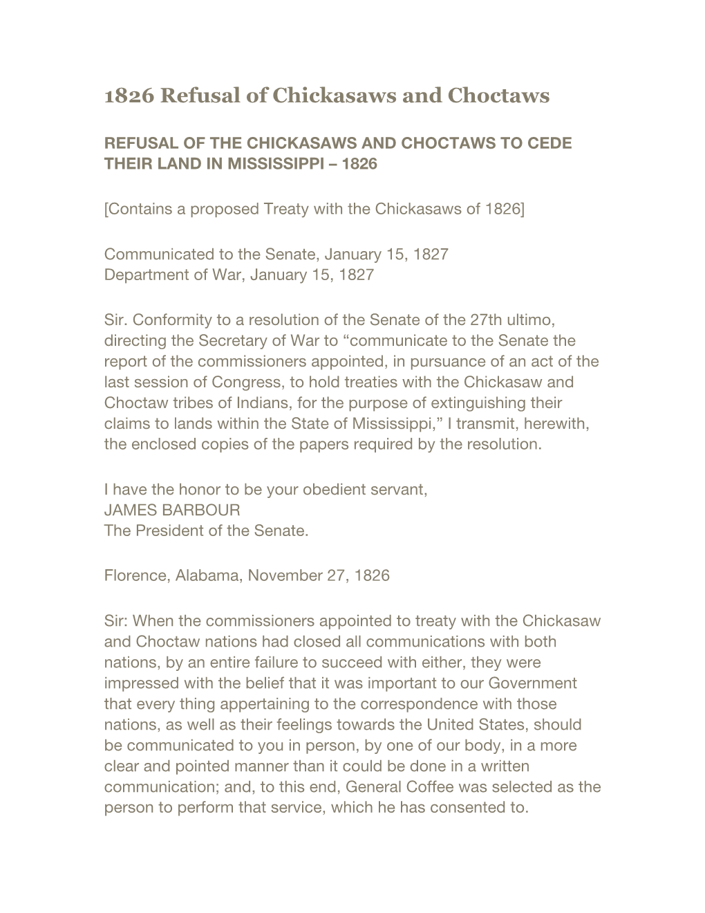 1826 Refusal of Chickasaws and Choctaws