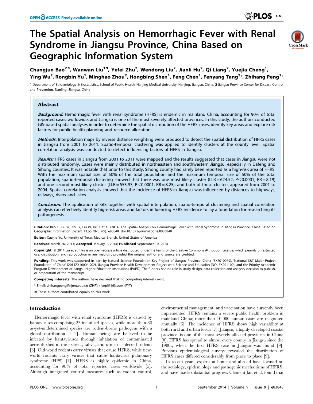 The Spatial Analysis on Hemorrhagic Fever with Renal Syndrome in Jiangsu Province, China Based on Geographic Information System