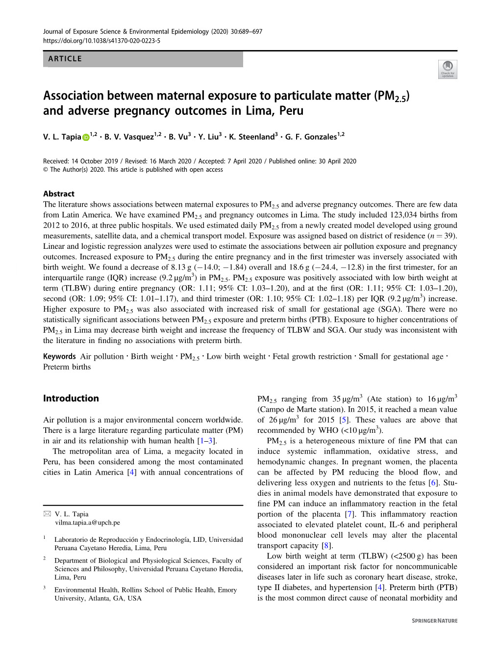 Association Between Maternal Exposure to Particulate Matter (PM2.5) and Adverse Pregnancy Outcomes in Lima, Peru