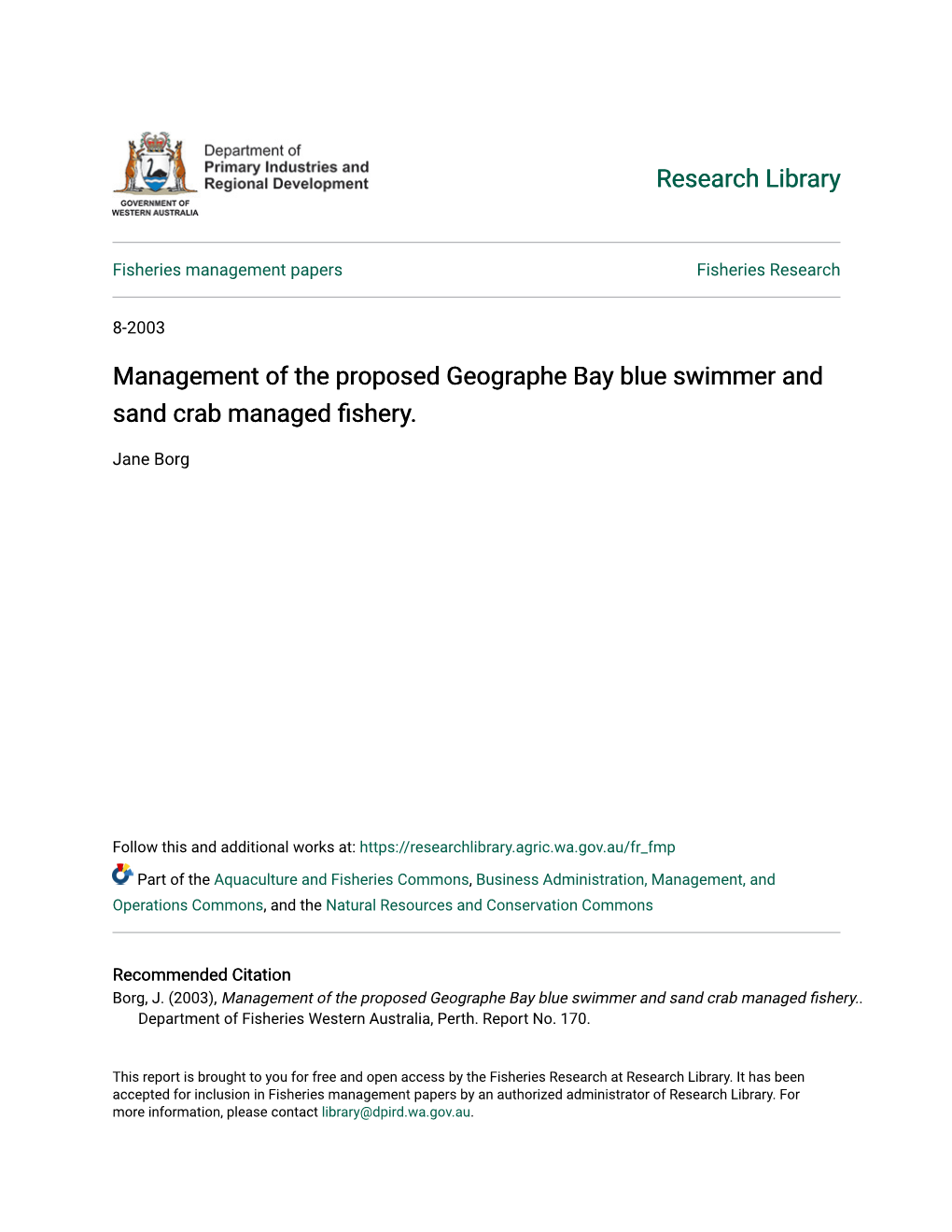 Management of the Proposed Geographe Bay Blue Swimmer and Sand Crab Managed Fishery