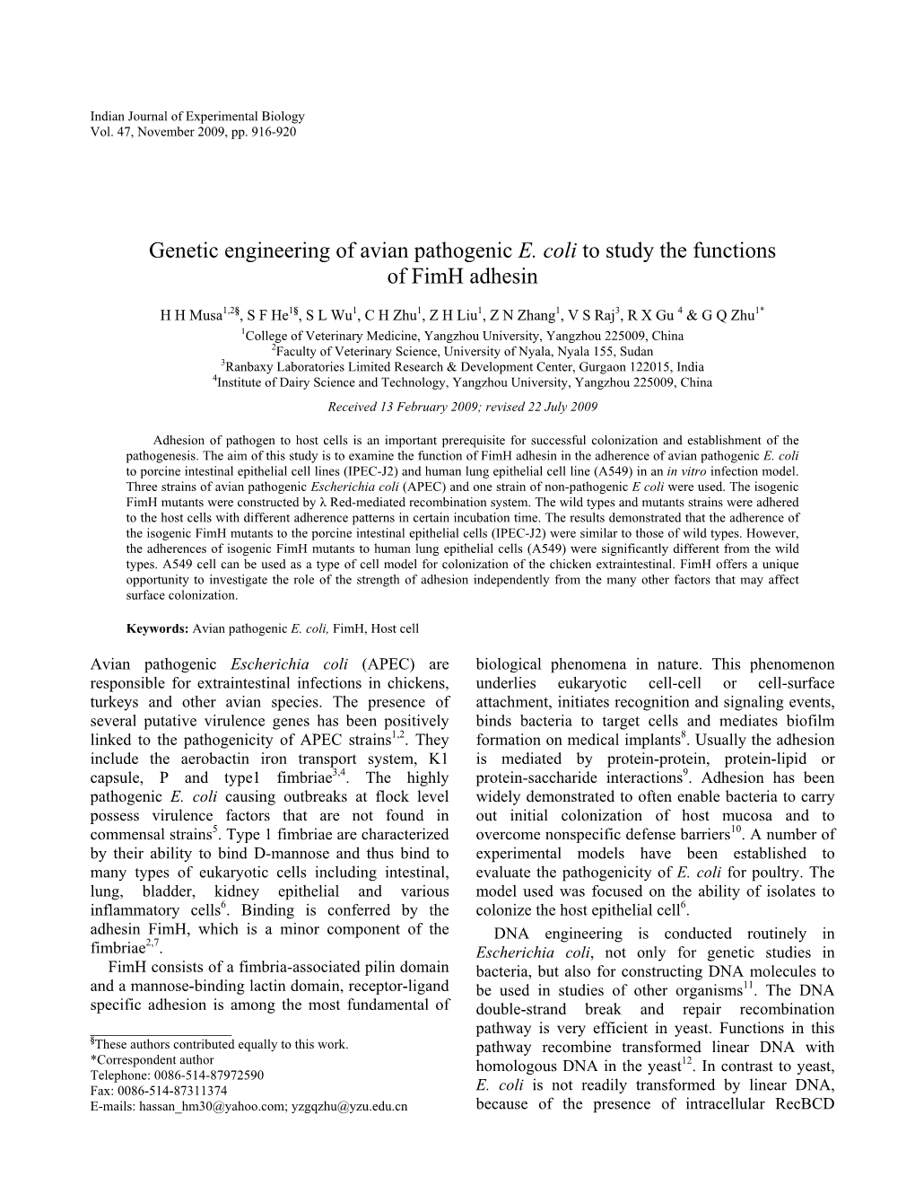 Genetic Engineering of Avian Pathogenic E. Coli to Study the Functions of Fimh Adhesin