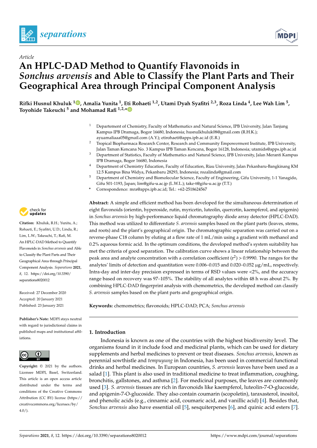 An HPLC-DAD Method to Quantify Flavonoids in Sonchus Arvensis and Able to Classify the Plant Parts and Their Geographical Area Through Principal Component Analysis