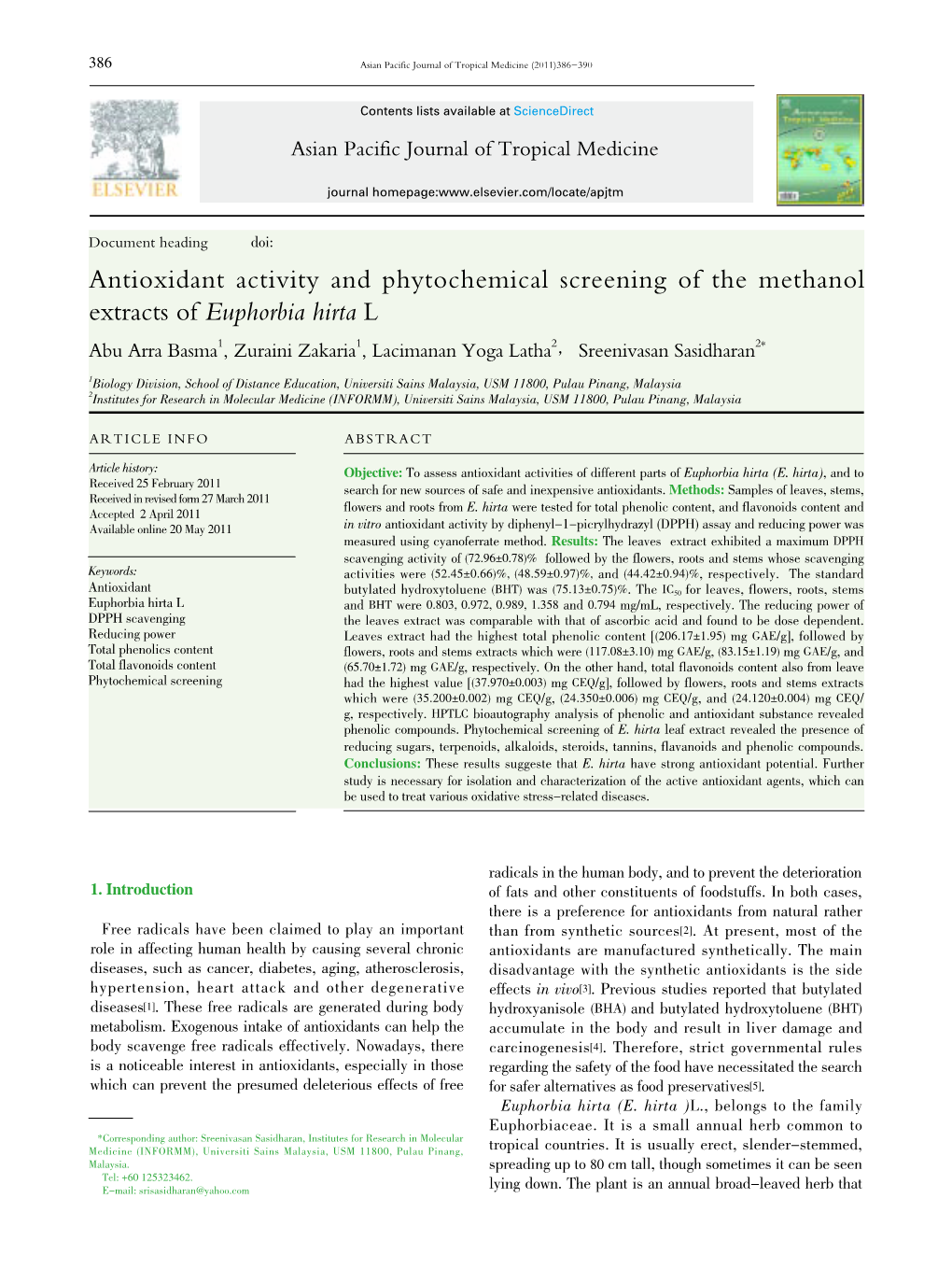 Antioxidant Activity and Phytochemical Screening of the Methanol Extracts of Euphorbia Hirta L