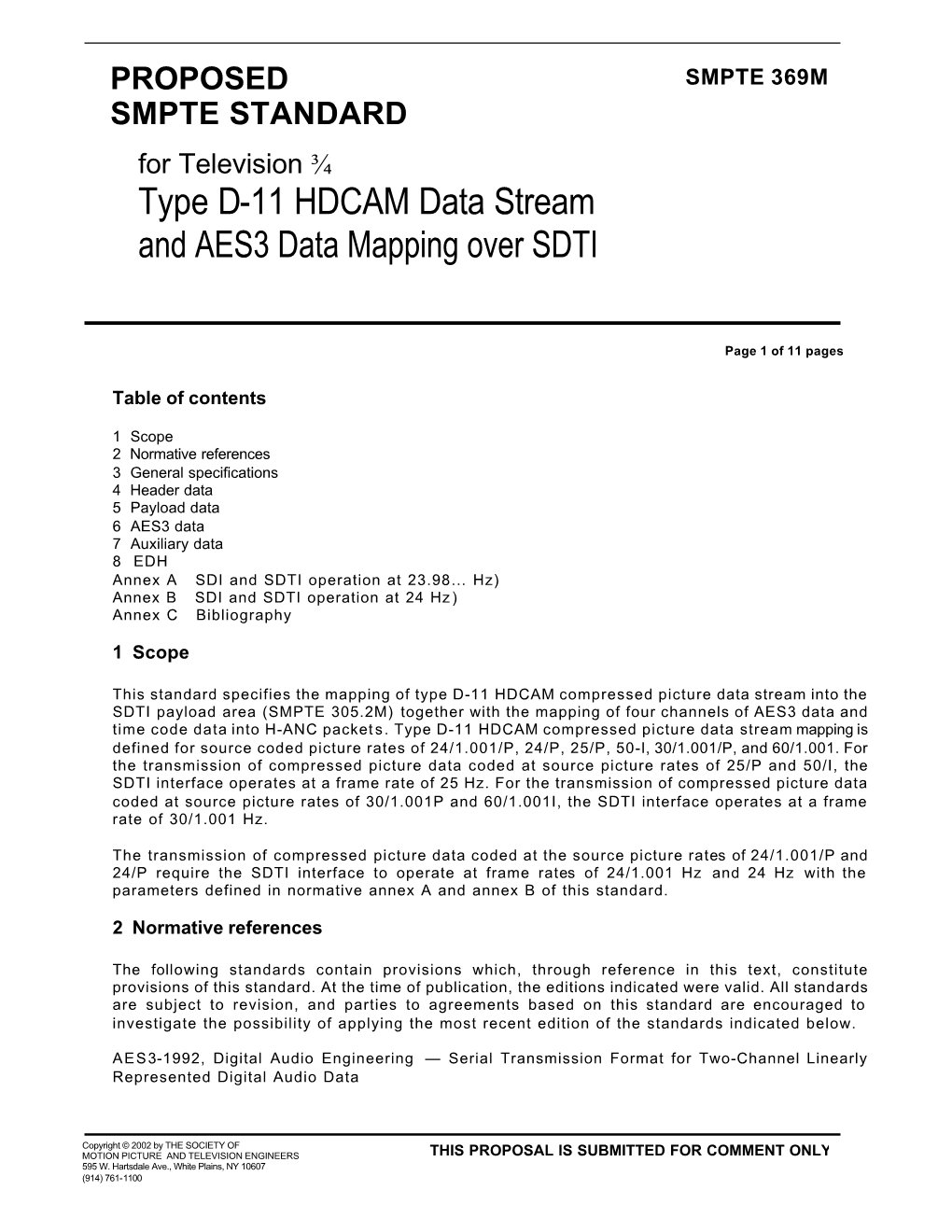 Type D-11 HDCAM Data Stream and AES3 Data Mapping Over SDTI