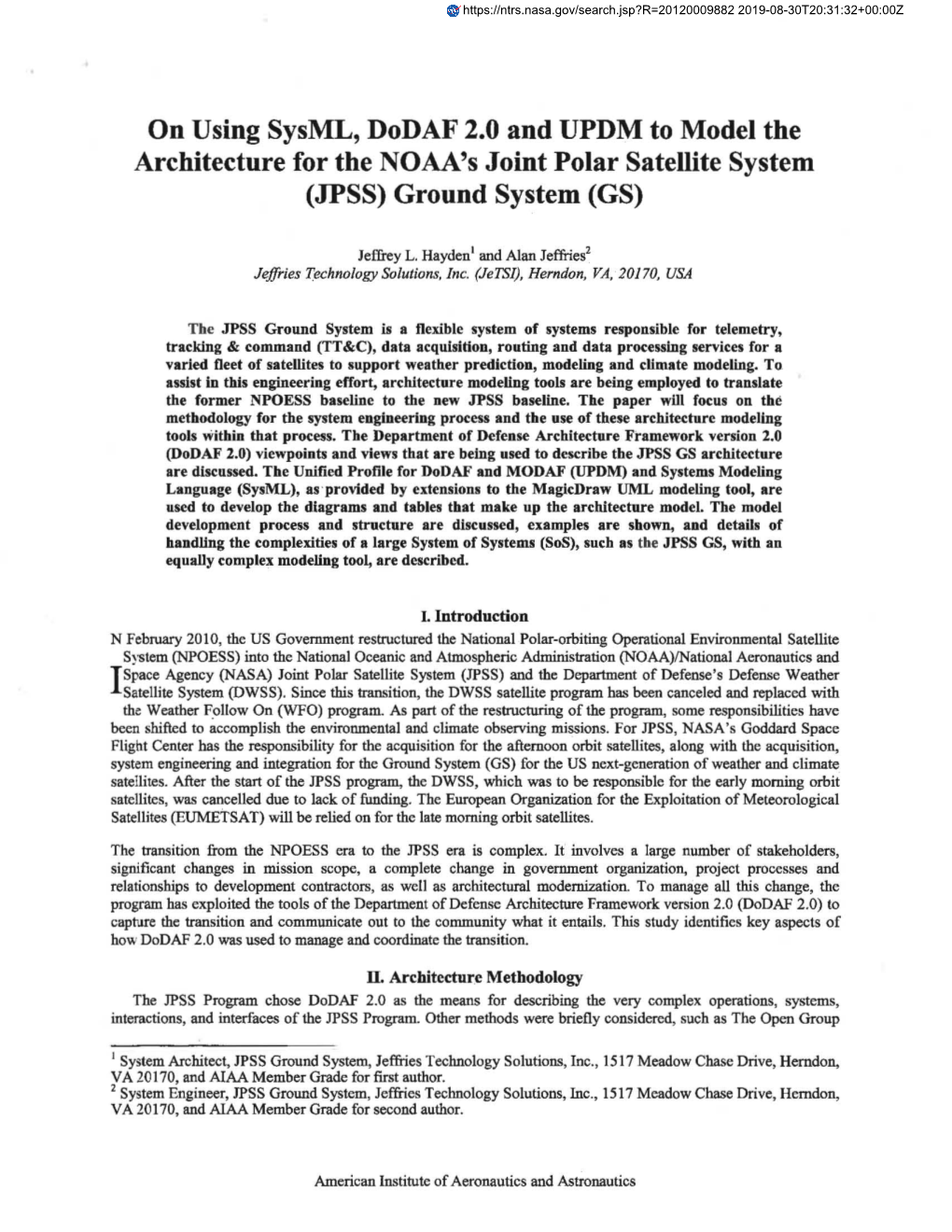 On Using Sysml, Dodaf 2.0 and UPDM to Model the Architecture for the NOAA's Joint Polar Satellite System (JPSS) Ground System (GS)