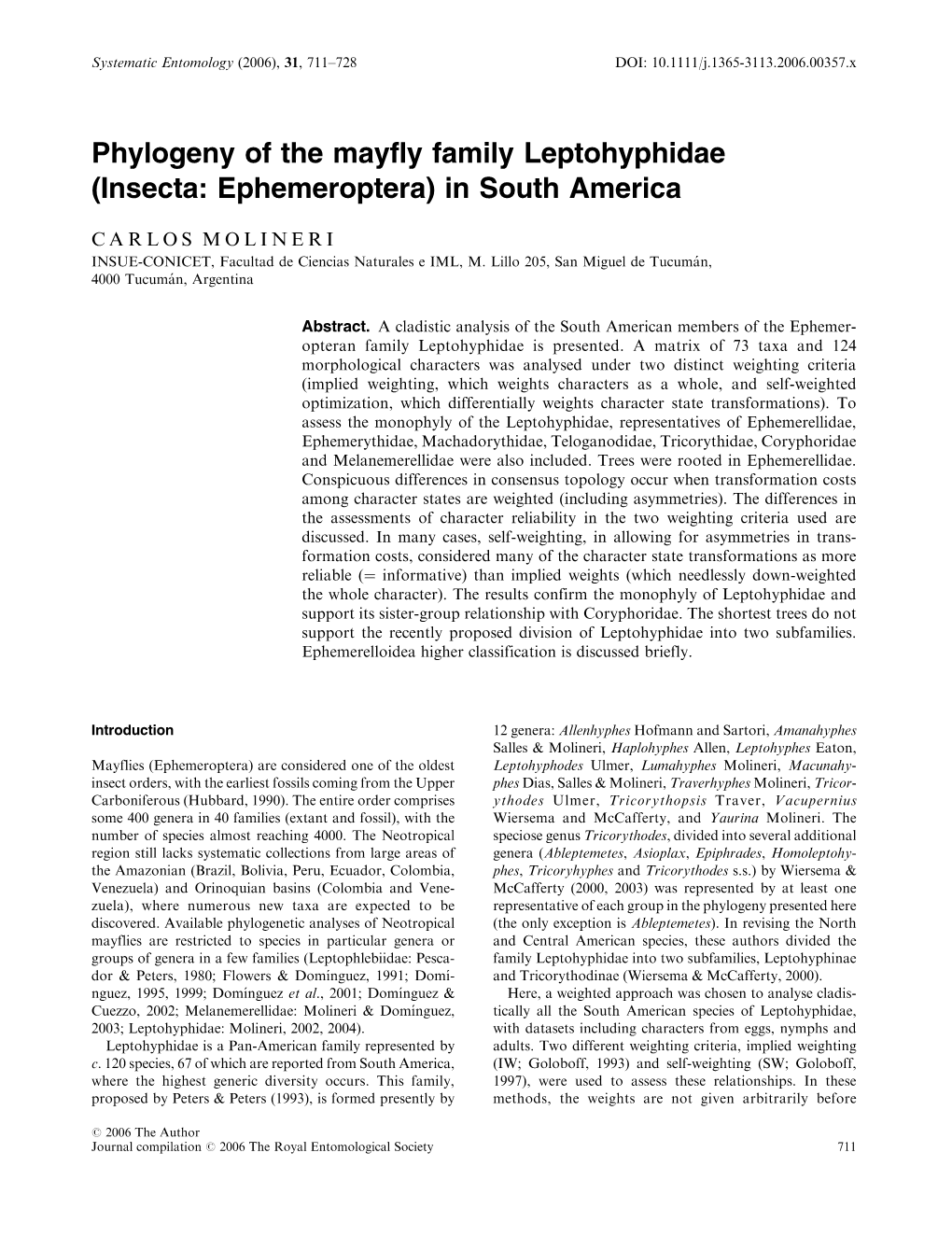 Phylogeny of the Mayfly Family Leptohyphidae (Insecta: Ephemeroptera) in South America