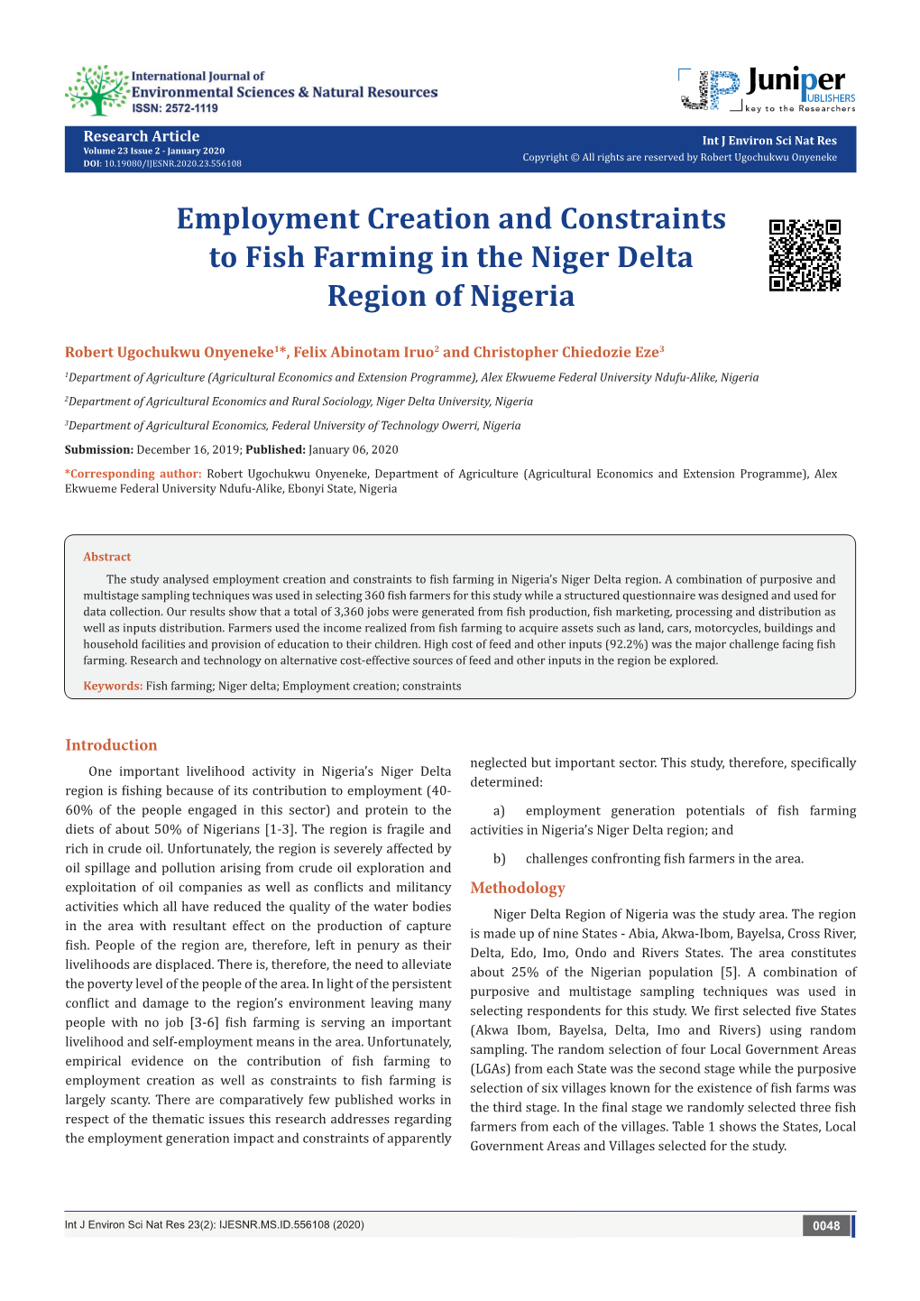 Employment Creation and Constraints to Fish Farming in the Niger Delta Region of Nigeria