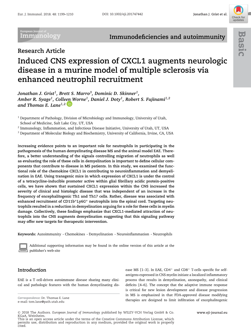 Induced CNS Expression of CXCL1 Augments Neurologic Disease in a Murine Model of Multiple Sclerosis Via Enhanced Neutrophil Recruitment