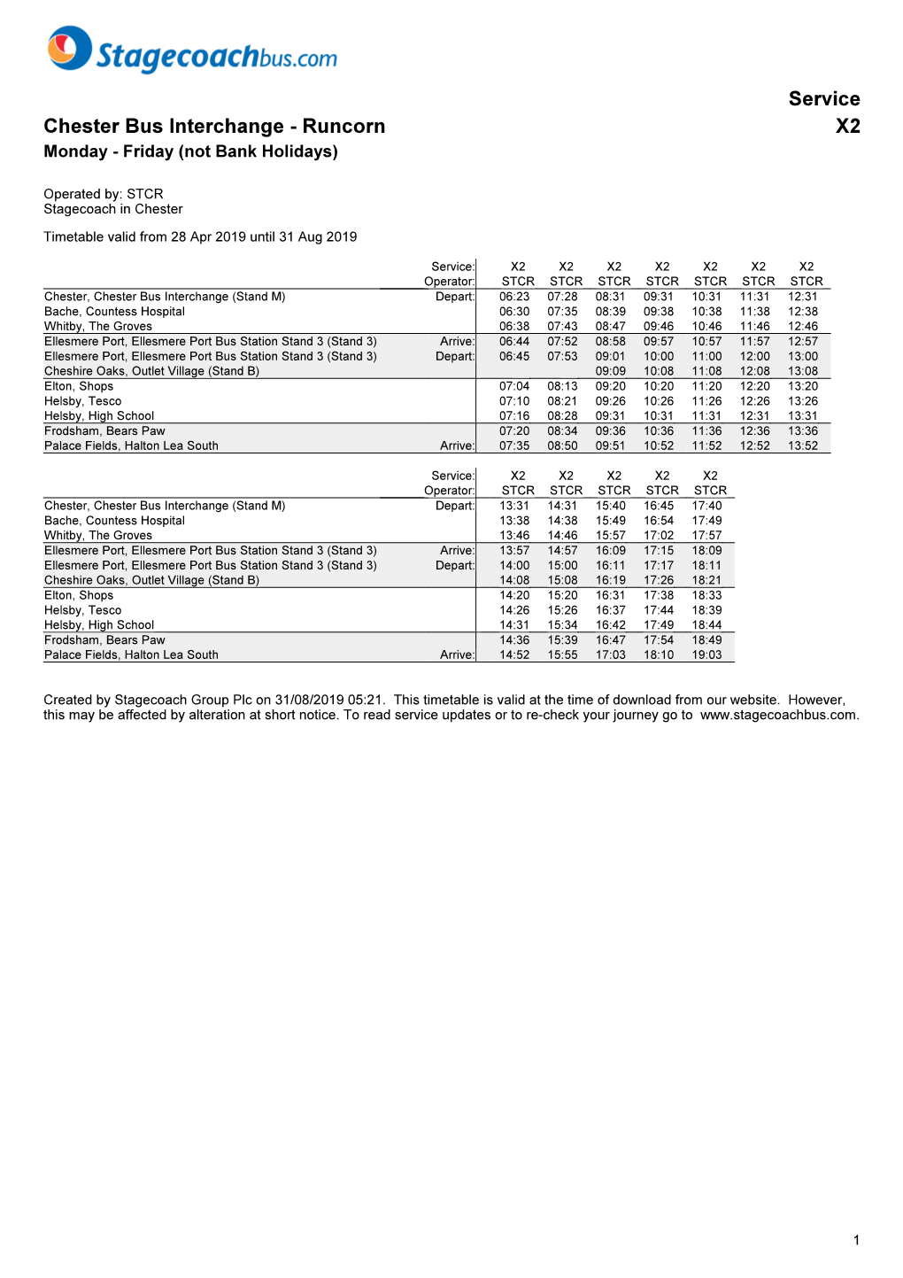 Service Chester Bus Interchange - Runcorn X2 Monday - Friday (Not Bank Holidays)