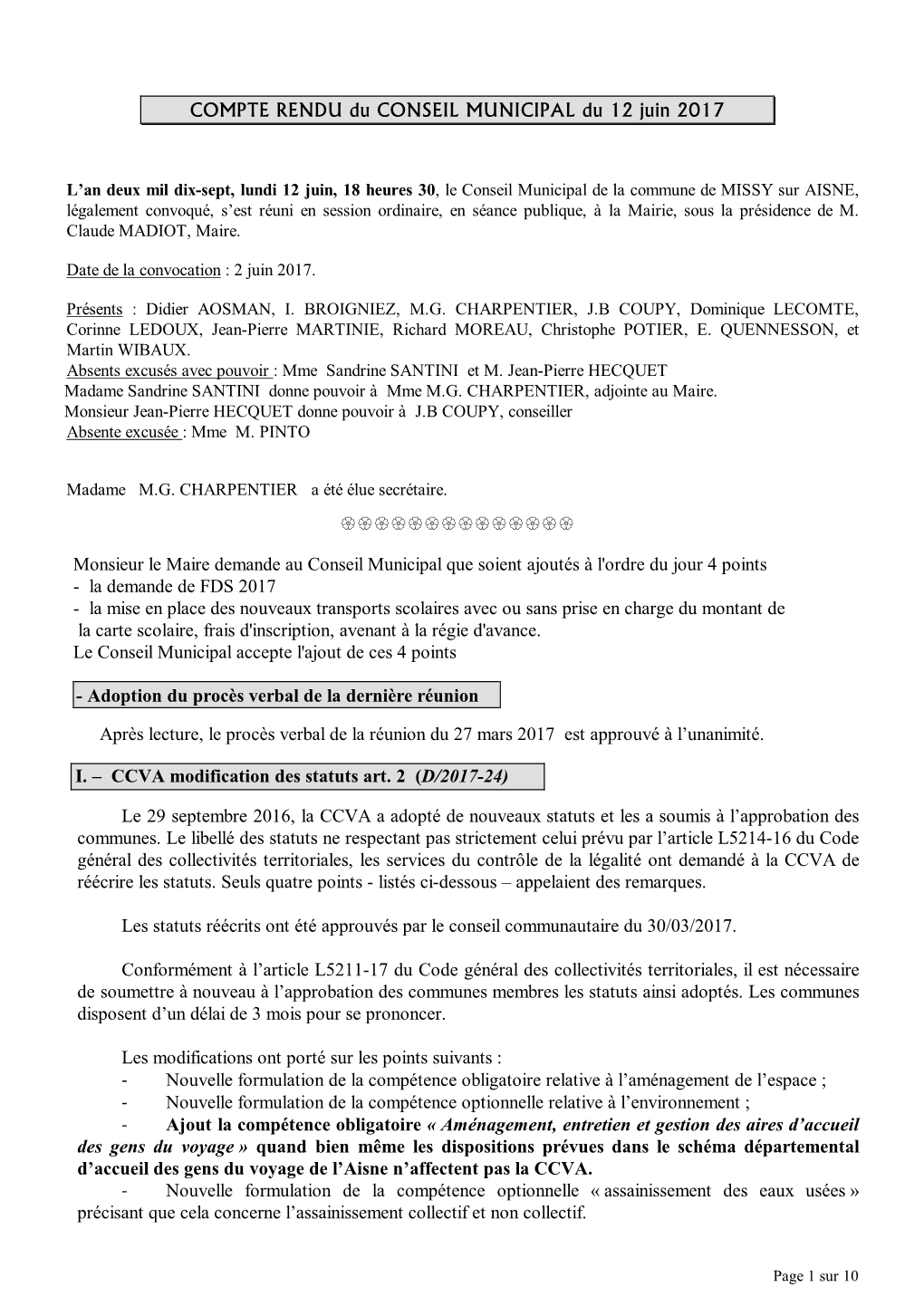 COMPTE RENDU Du CONSEIL MUNICIPAL Du 12 Juin 2017