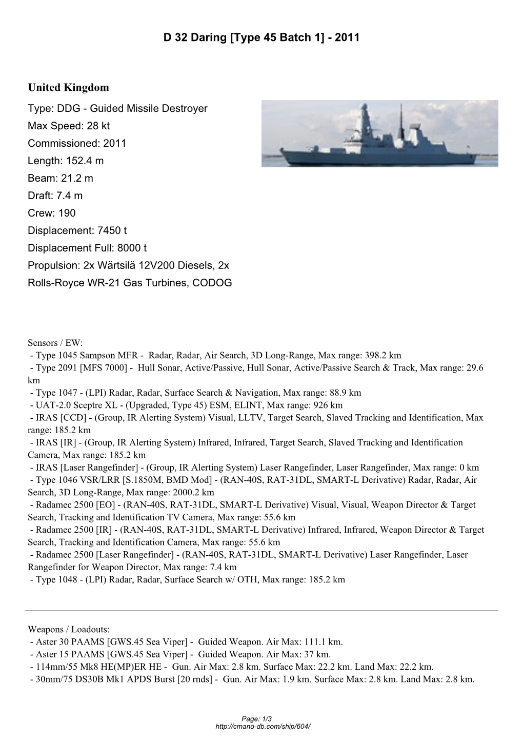 D 32 Daring [Type 45 Batch 1] - 2011