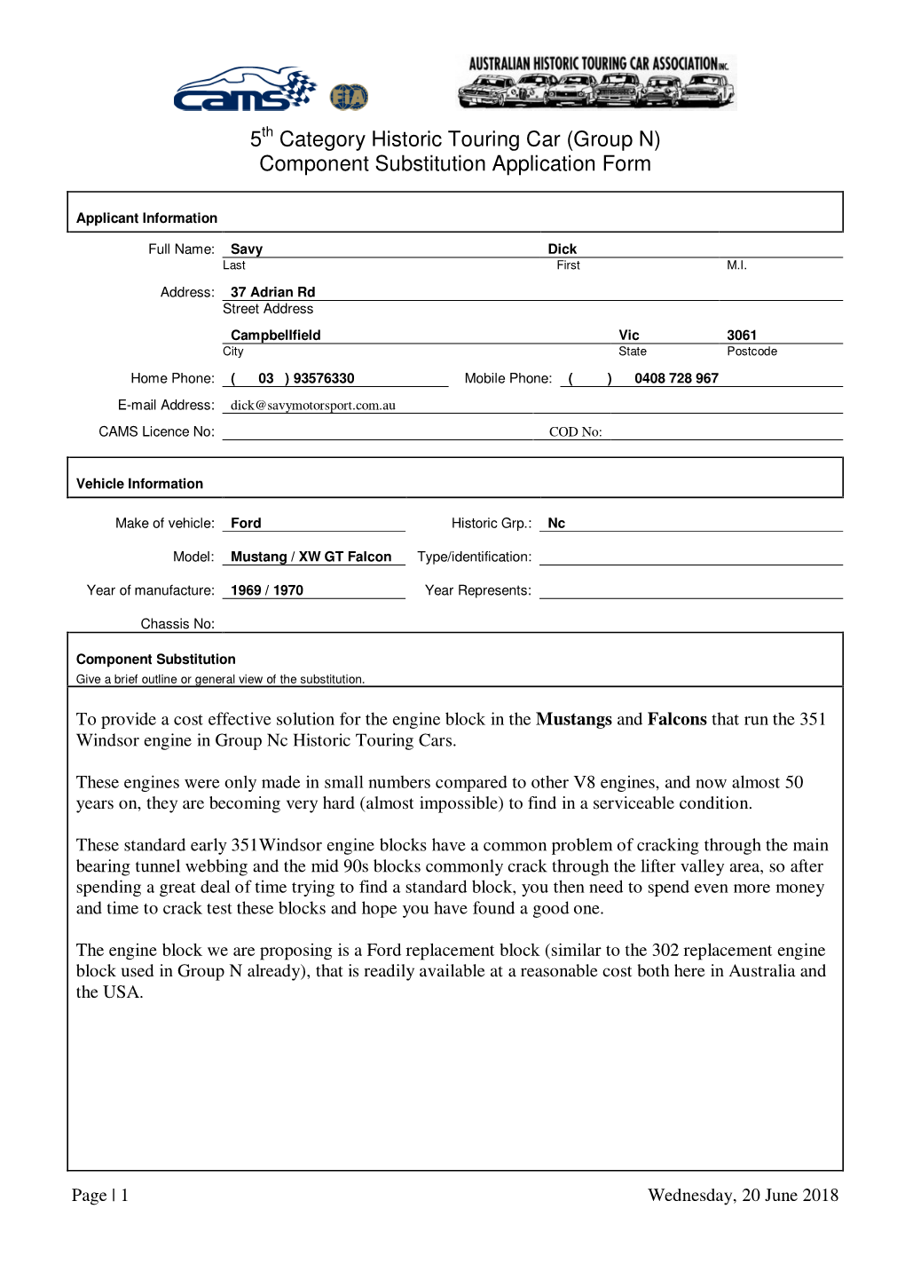 (Group N) Component Substitution Application Form