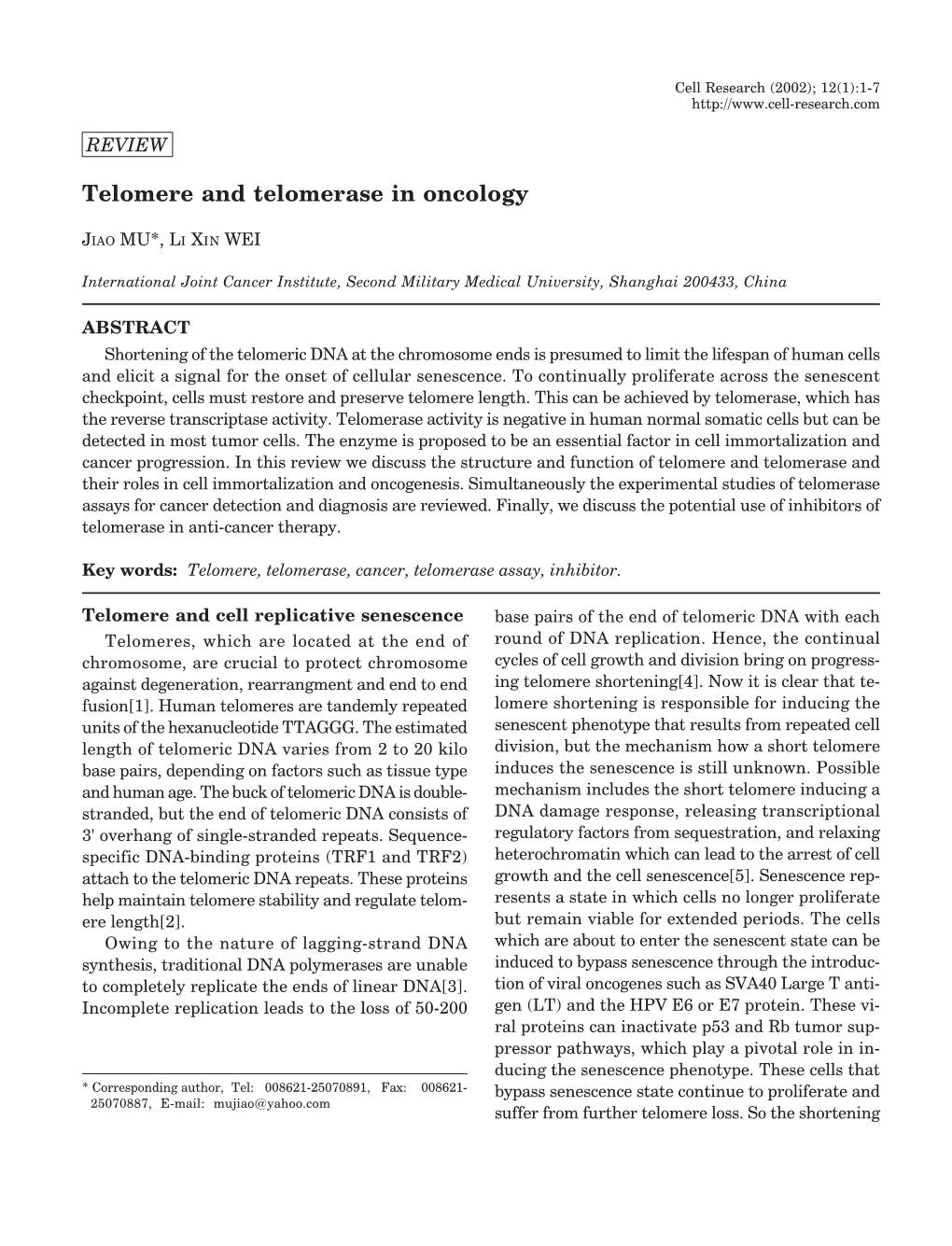 Telomere and Telomerase in Oncology