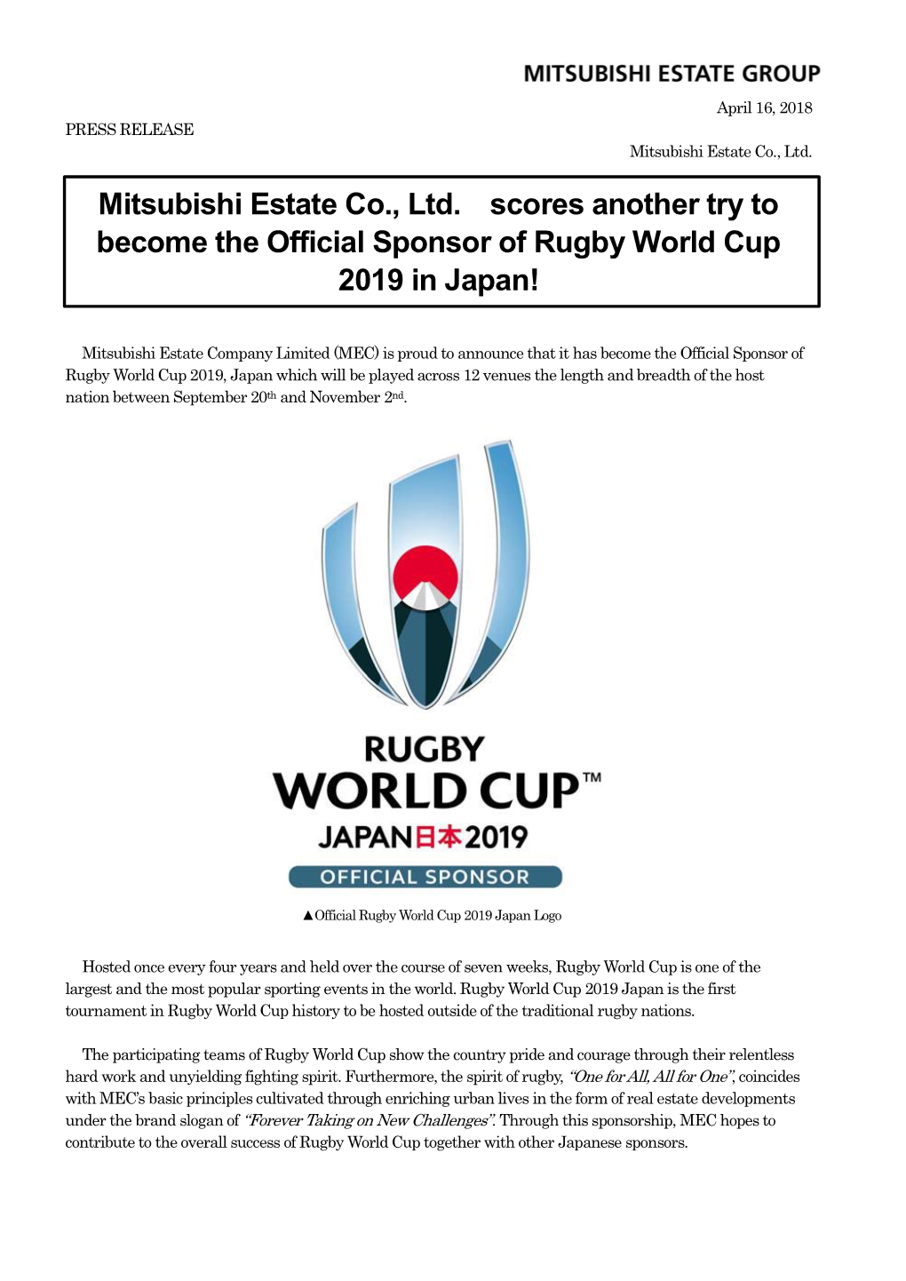 Mitsubishi Estate Co., Ltd. Scores Another Try to Become the Official Sponsor of Rugby World Cup 2019 in Japan!