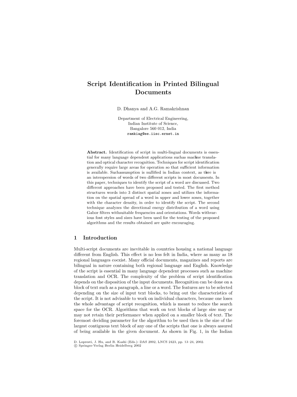 Script Identification in Printed Bilingual Documents