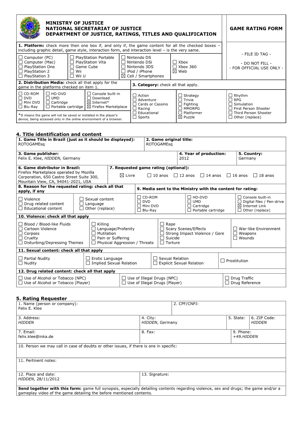 Ministry of Justice National Secretariat of Justice Game Rating Form Department of Justice, Ratings, Titles and Qualification