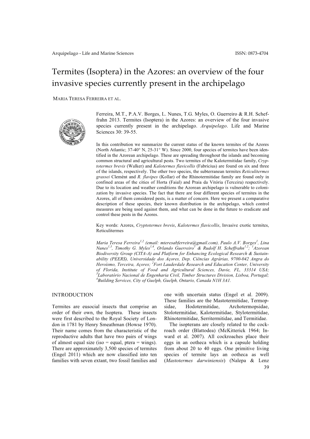 Termites (Isoptera) in the Azores: an Overview of the Four Invasive Species Currently Present in the Archipelago