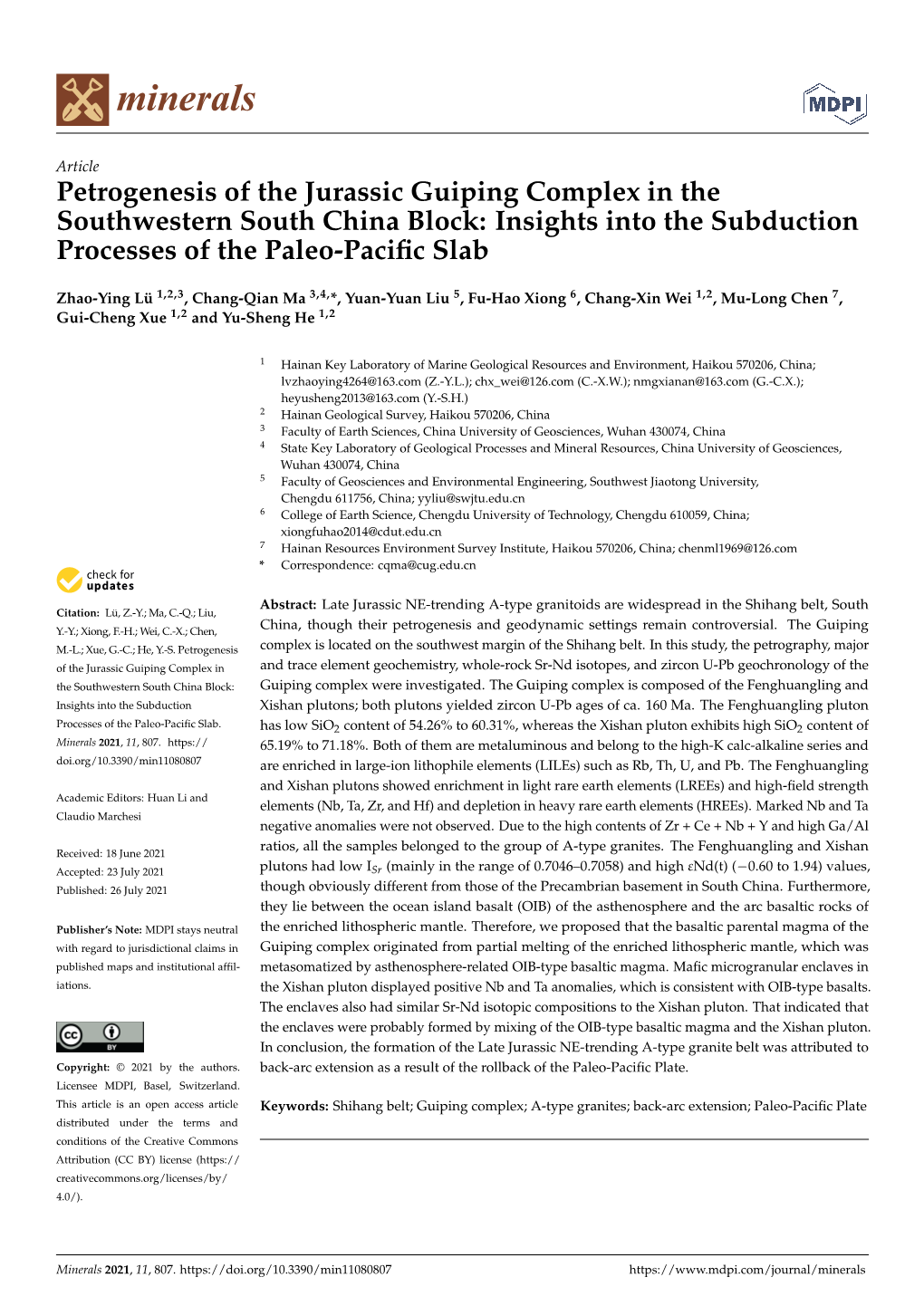 Petrogenesis of the Jurassic Guiping Complex in the Southwestern South China Block: Insights Into the Subduction Processes of the Paleo-Paciﬁc Slab