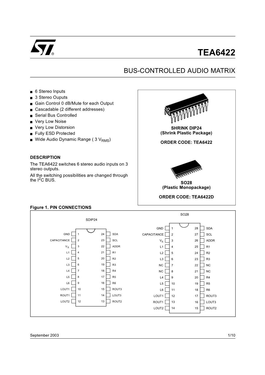 TEA6422 TEA6422D TEA6422DT Stmicroelectronics Datasheet