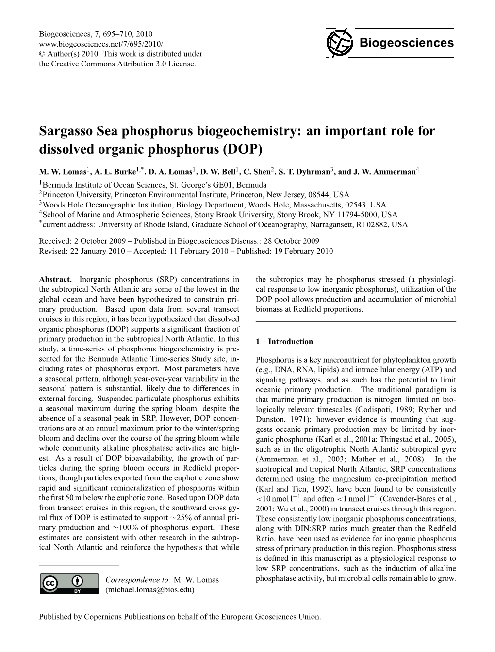 Sargasso Sea Phosphorus Biogeochemistry: an Important Role for Dissolved Organic Phosphorus (DOP)