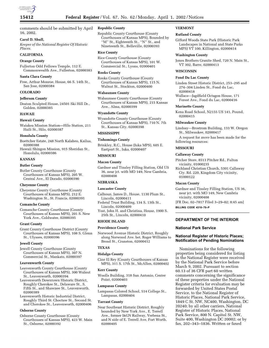 Federal Register/Vol. 67, No. 62/Monday, April 1, 2002/Notices