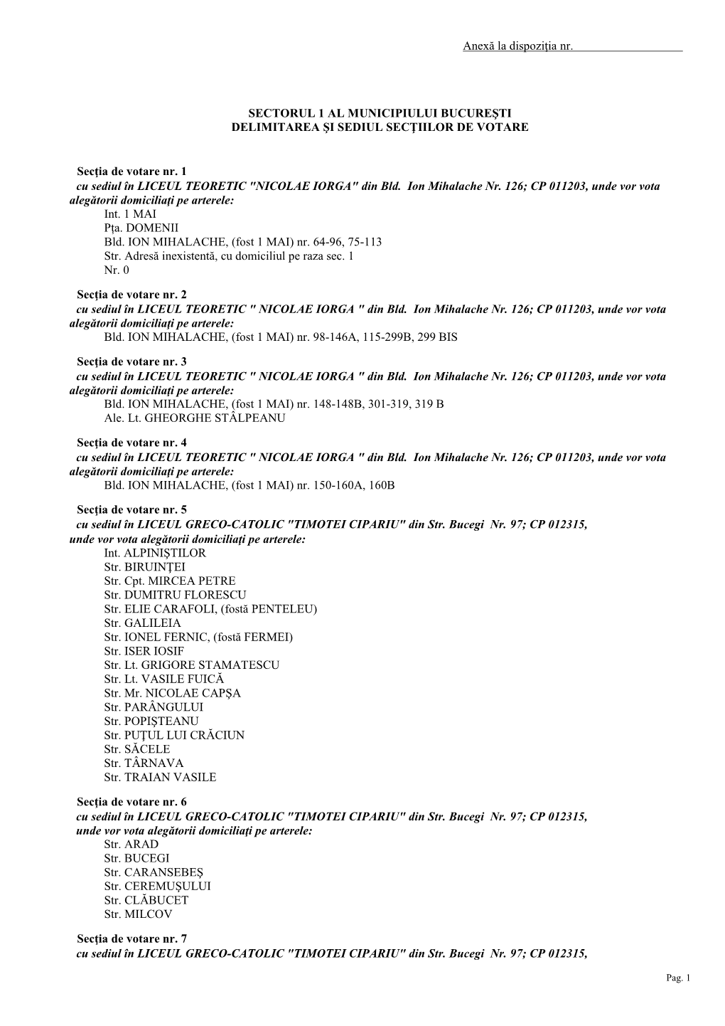 Anexă La Dispoziţia Nr. SECTORUL 1 AL MUNICIPIULUI BUCUREŞTI