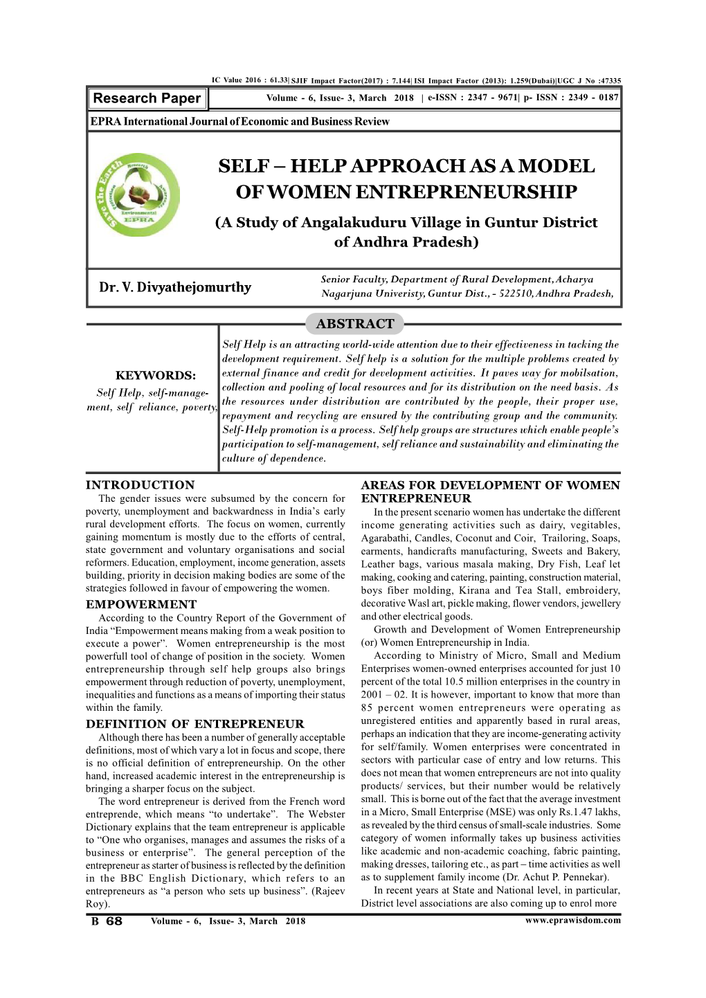 SELF – HELP APPROACH AS a MODEL of WOMEN ENTREPRENEURSHIP (A Study of Angalakuduru Village in Guntur District of Andhra Pradesh)