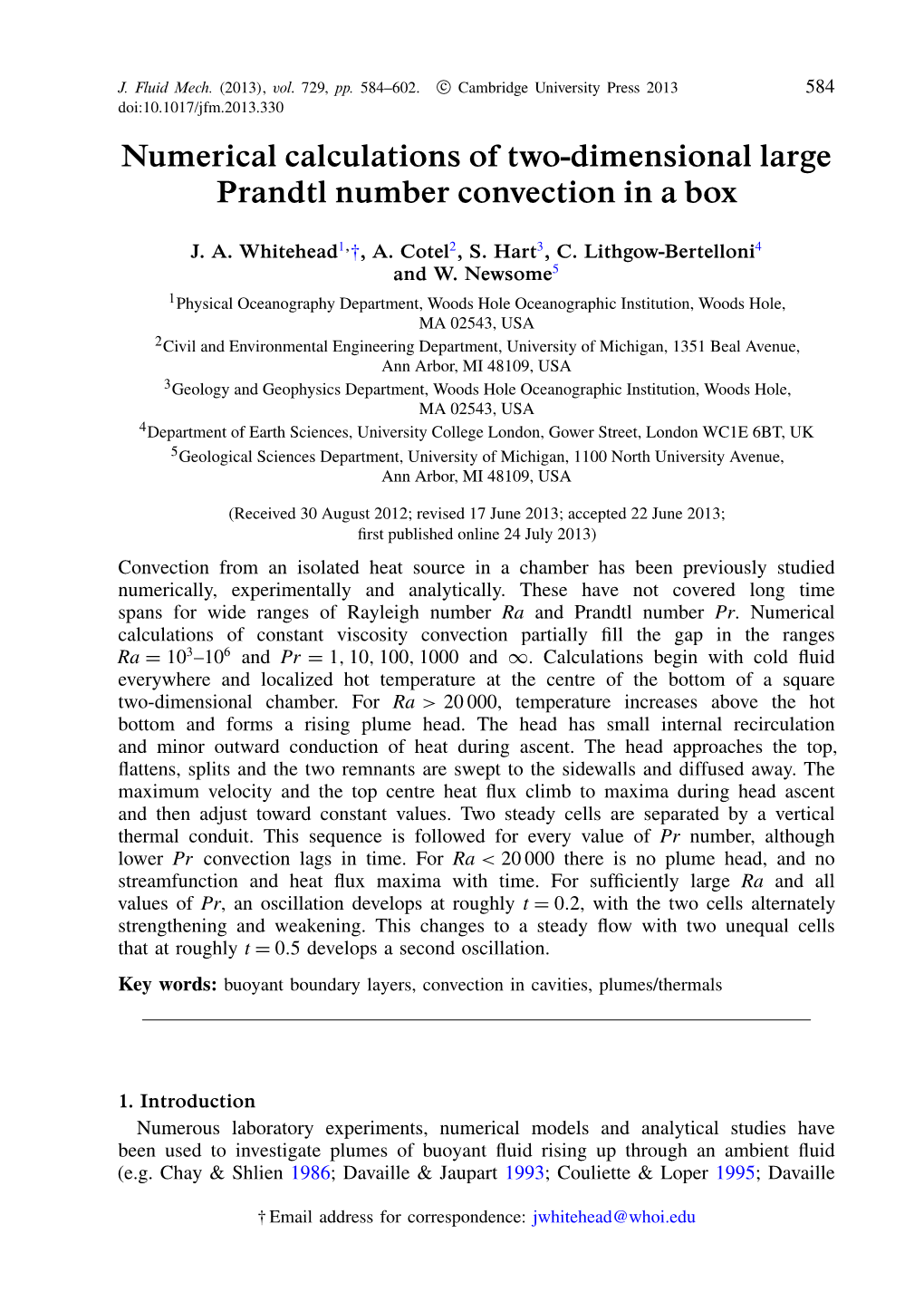 Numerical Calculations of Two-Dimensional Large Prandtl Number Convection in a Box