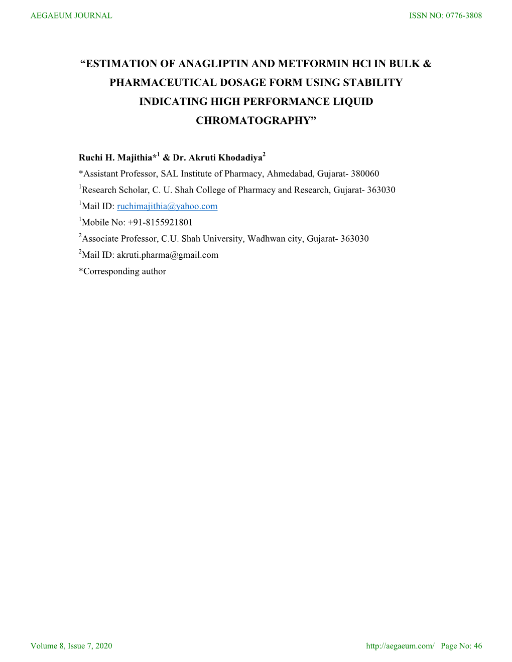 Estimation of Anagliptin and Metformin HCI in Bulk