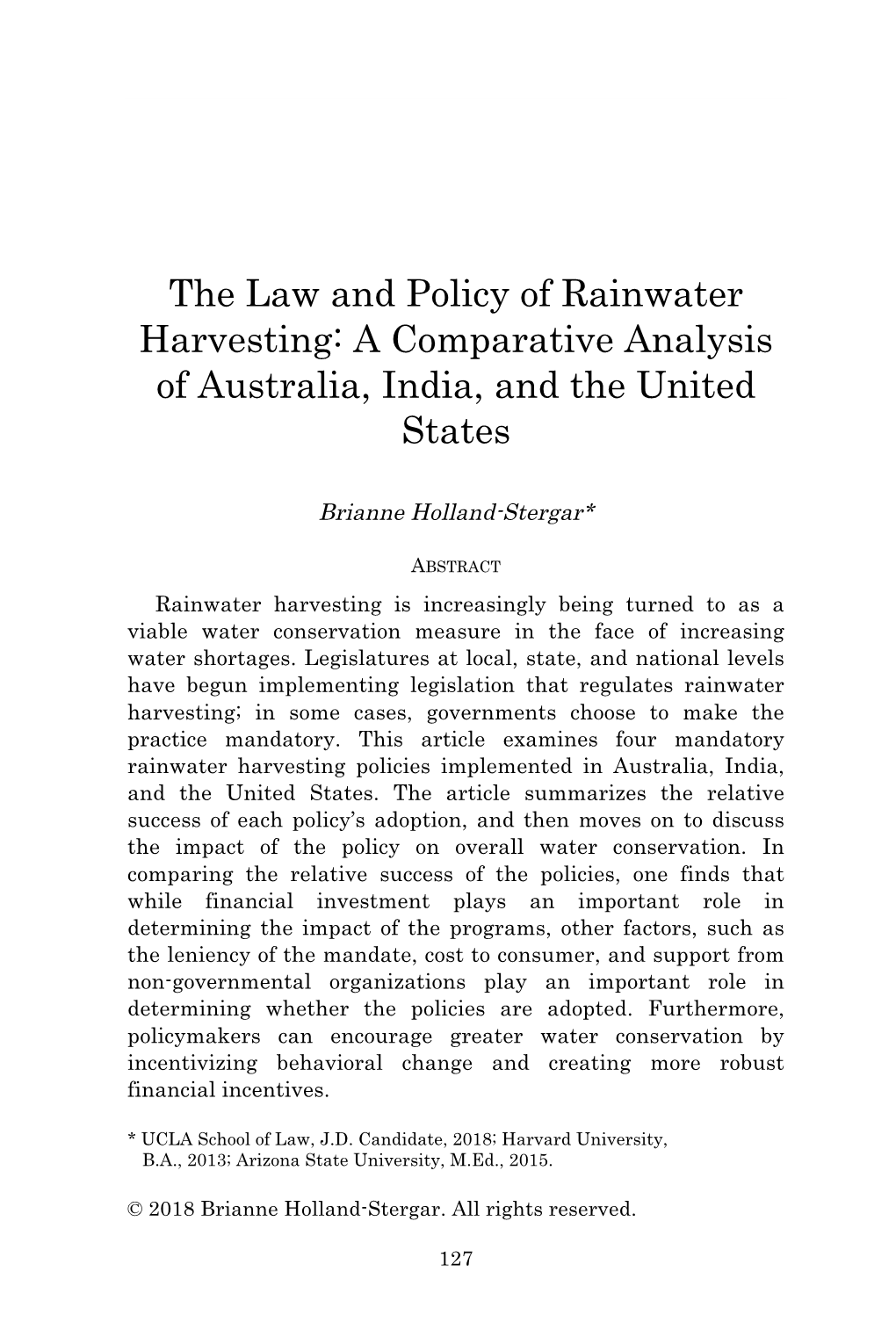 The Law and Policy of Rainwater Harvesting: a Comparative Analysis of Australia, India, and the United States