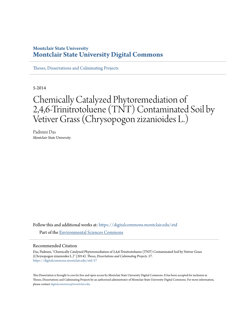 Contaminated Soil by Vetiver Grass (Chrysopogon Zizanioides L.) Padmini Das Montclair State University