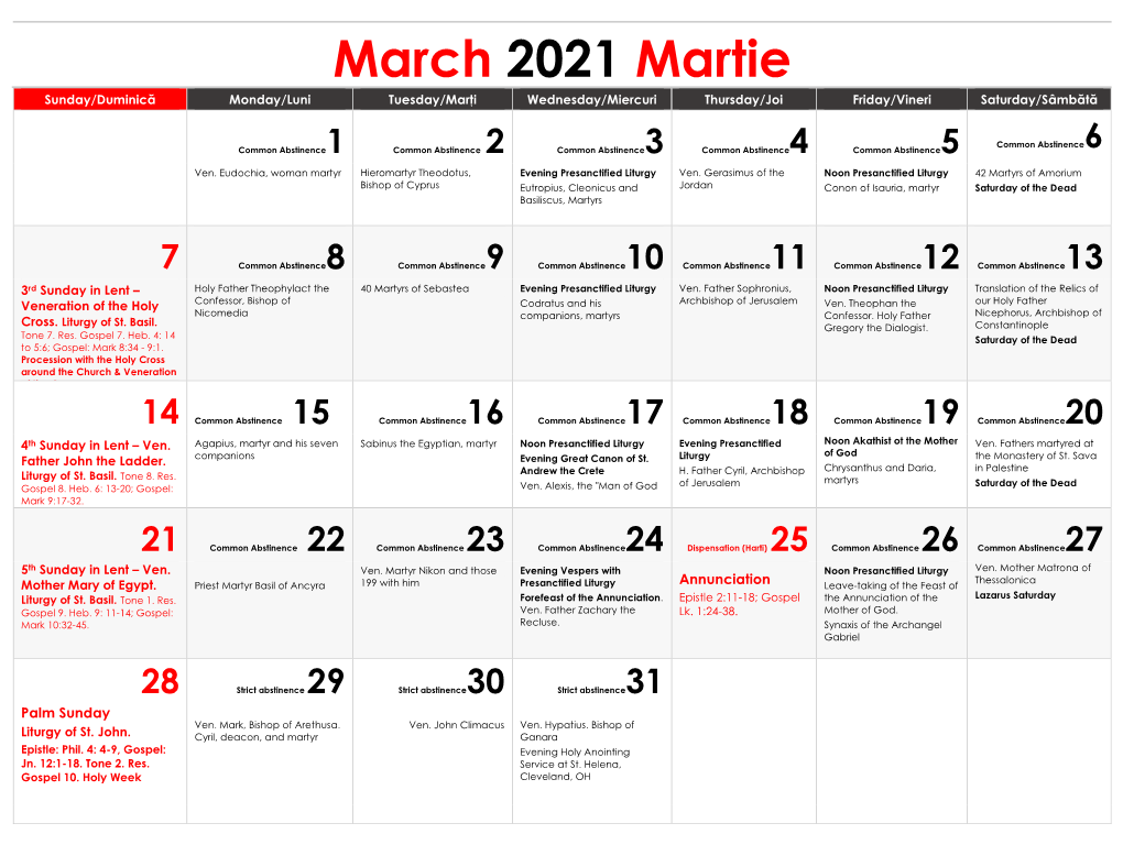 March 2021 Martie Sunday/Duminică Monday/Luni Tuesday/Marţi Wednesday/Miercuri Thursday/Joi Friday/Vineri Saturday/Sâmbătă