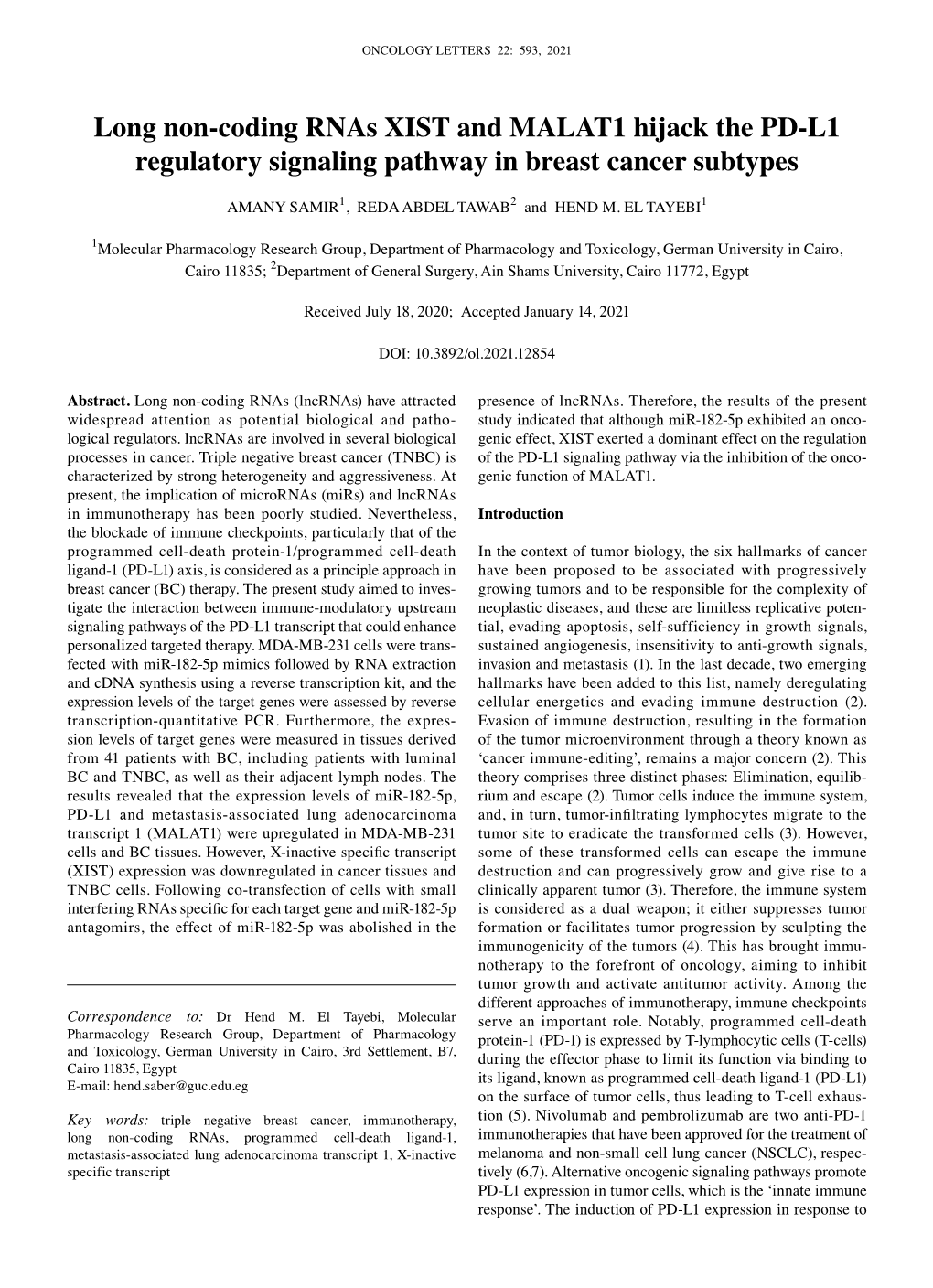 Long Non‑Coding Rnas XIST and MALAT1 Hijack the PD‑L1 Regulatory Signaling Pathway in Breast Cancer Subtypes