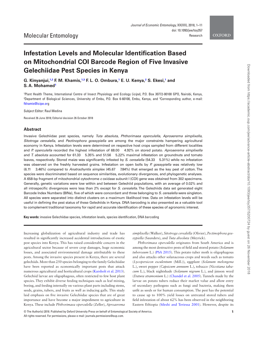 Infestation Levels and Molecular Identification Based On