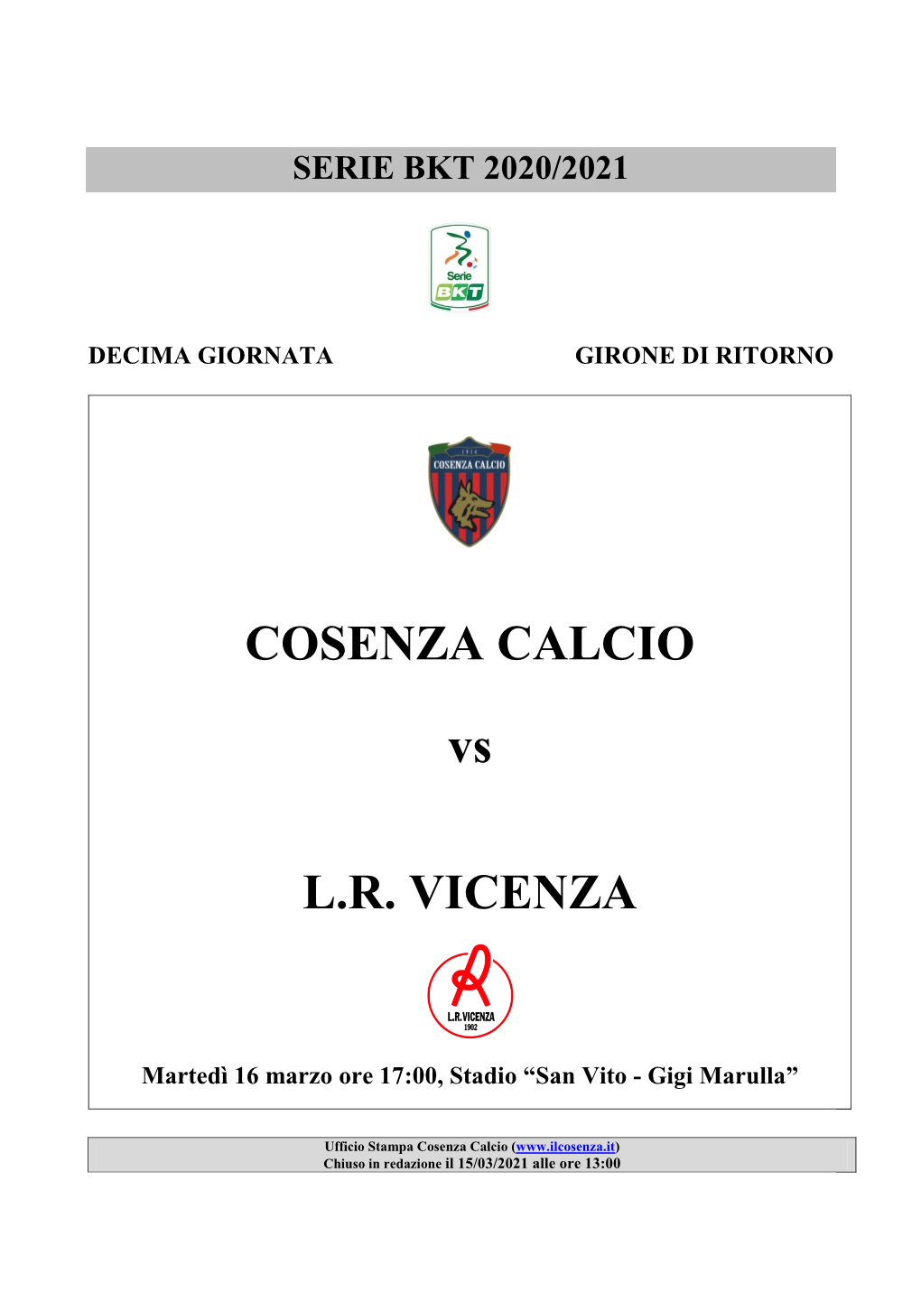 COSENZA CALCIO Vs L.R. VICENZA