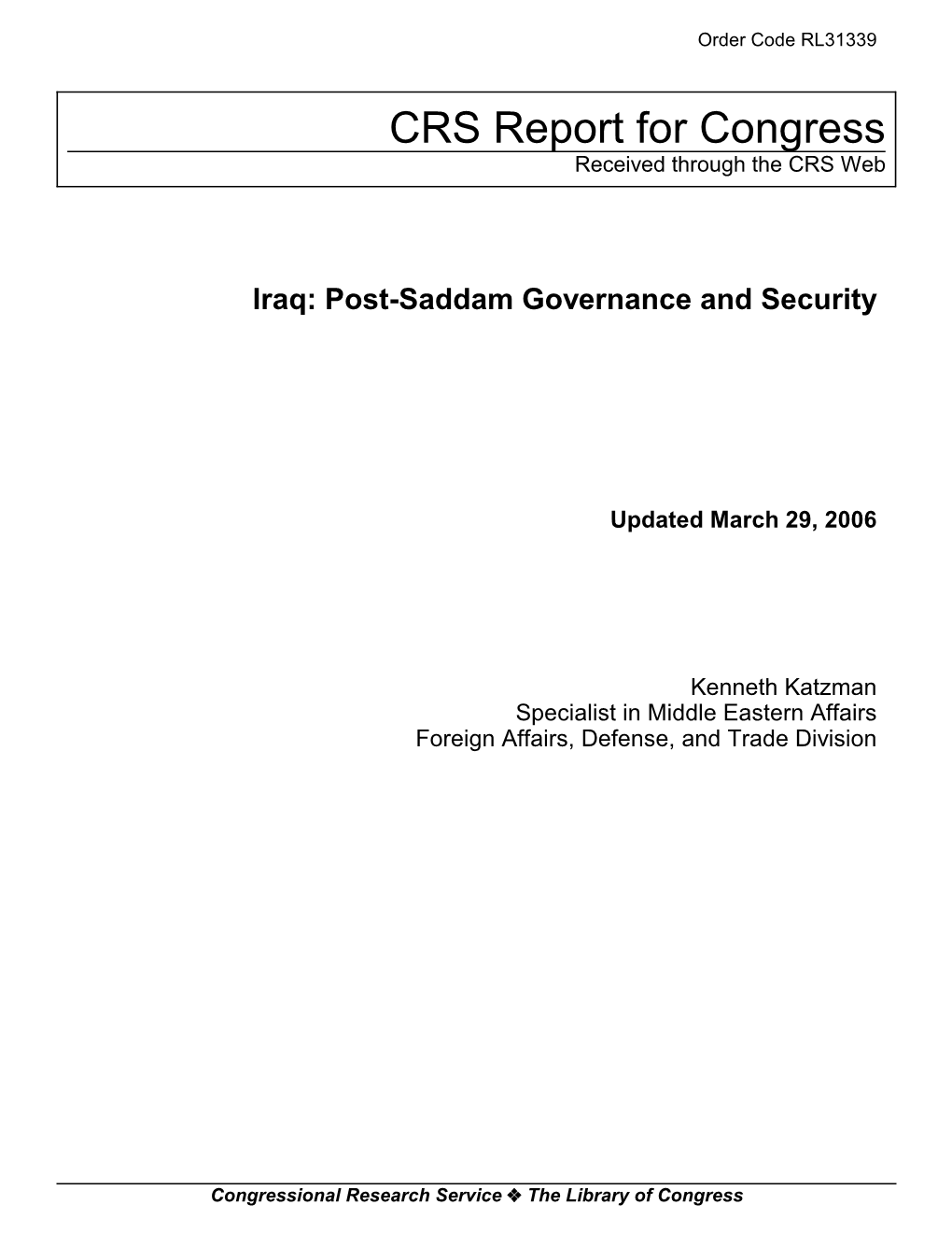 Iraq: Post-Saddam Governance and Security