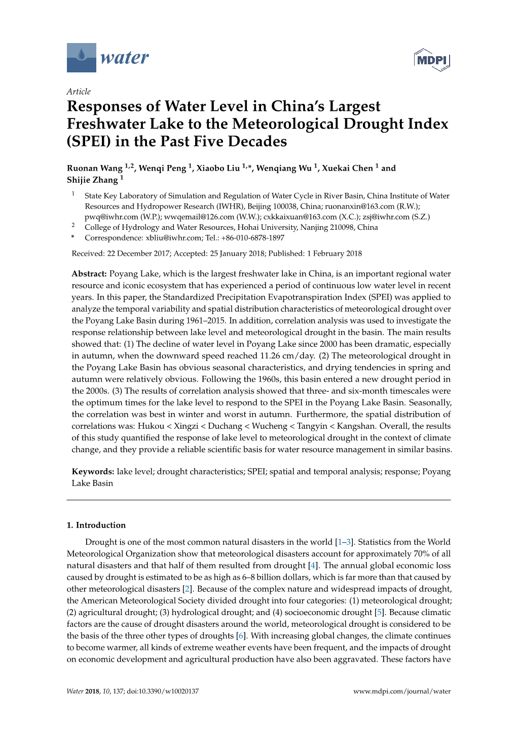 Responses of Water Level in China's Largest Freshwater Lake to the Meteorological Drought Index (SPEI) in the Past Five Decades