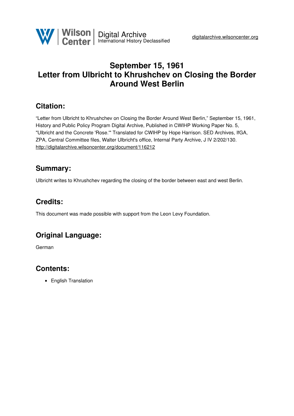 September 15, 1961 Letter from Ulbricht to Khrushchev on Closing the Border Around West Berlin