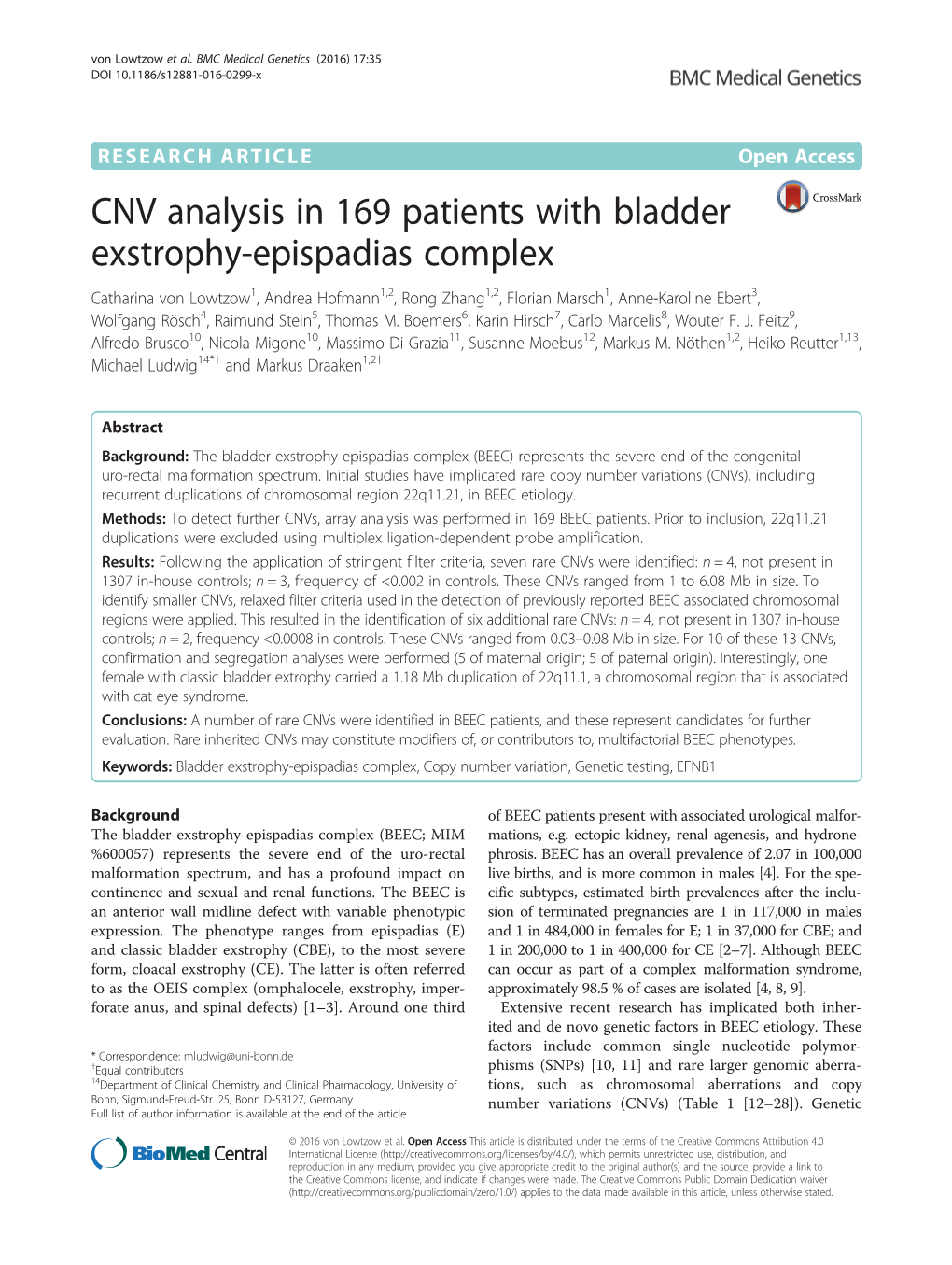 CNV Analysis in 169 Patients with Bladder Exstrophy-Epispadias