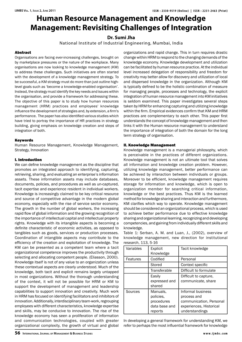 Human Resource Management and Knowledge Management: Revisiting Challenges of Integration Dr