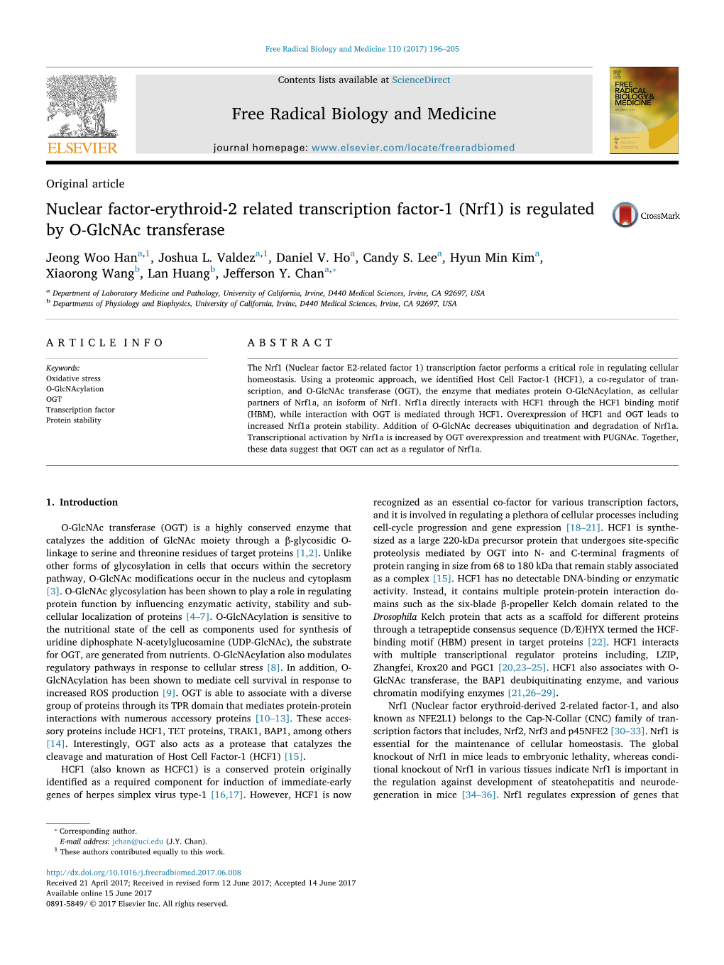 Nuclear Factor-Erythroid-2 Related Transcription Factor-1 (Nrf1) Is Regulated MARK by O-Glcnac Transferase