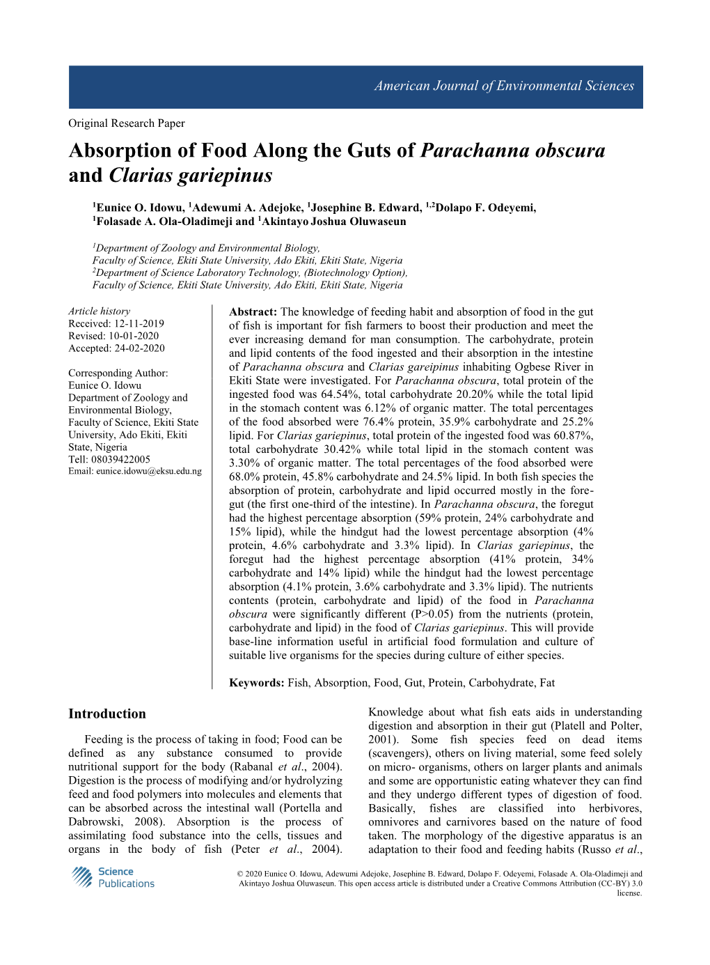 Absorption of Food Along the Guts of Parachanna Obscura and Clarias Gariepinus