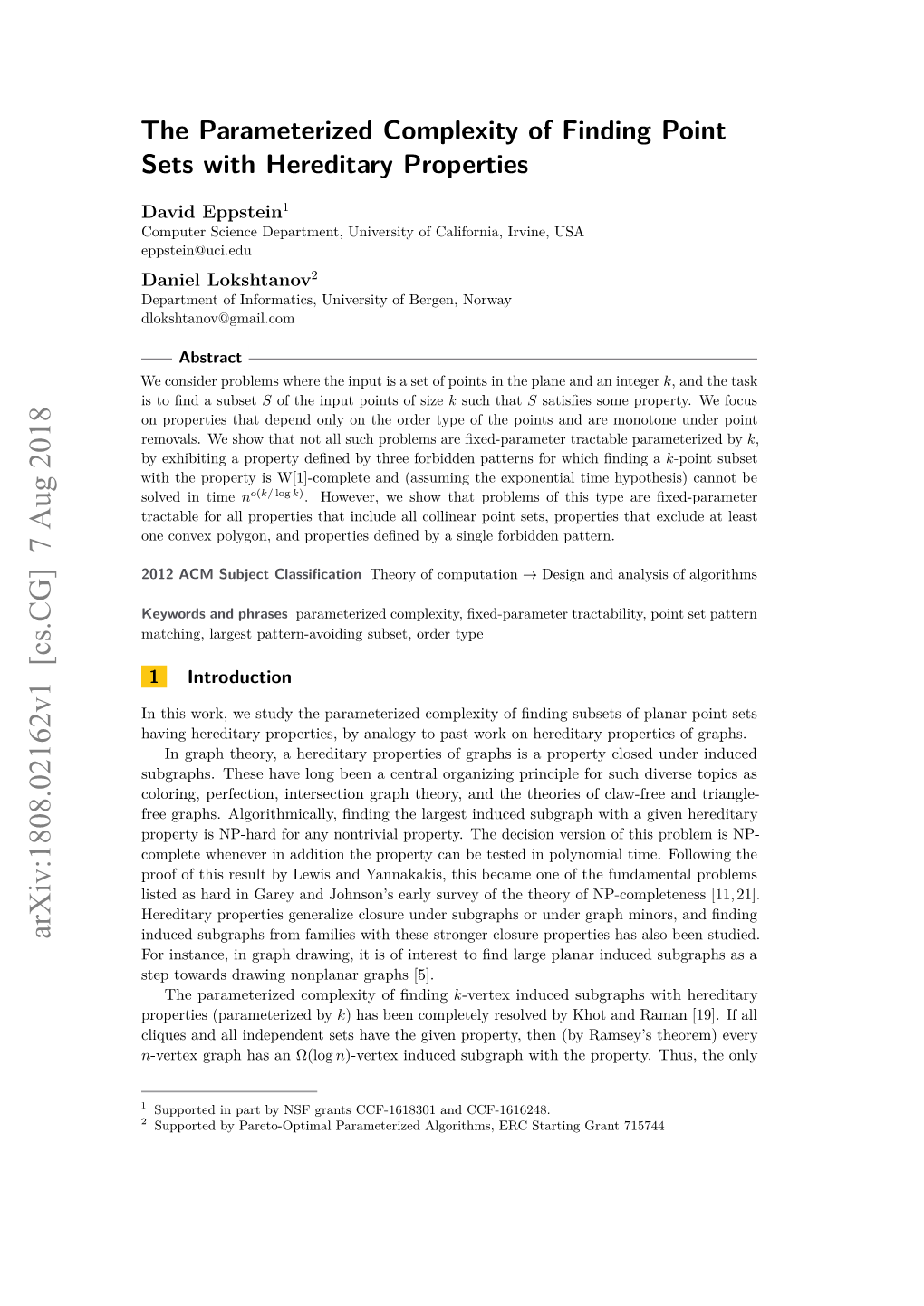 The Parameterized Complexity of Finding Point Sets with Hereditary Properties