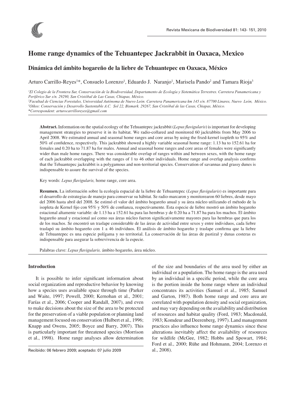 Home Range Dynamics of the Tehuantepec Jackrabbit in Oaxaca, Mexico