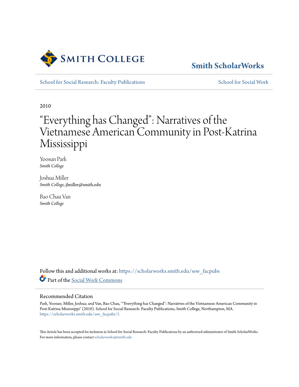 Narratives of the Vietnamese American Community in Post-Katrina Mississippi Yoosun Park Smith College