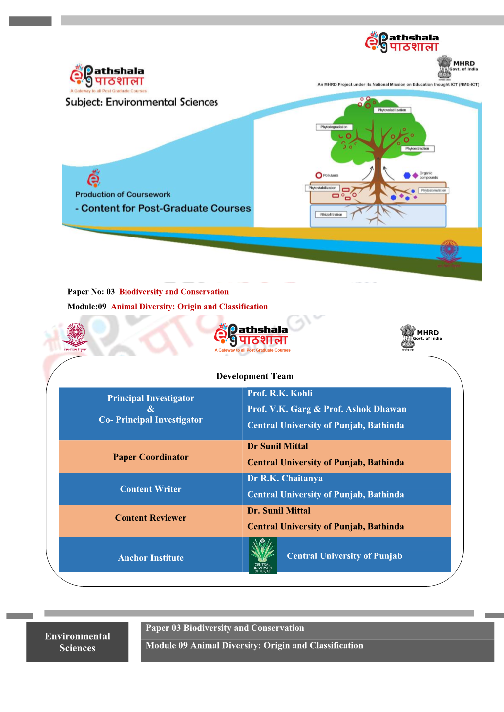 Environmental Sciences Module 09 Animal Diversity: Origin and Classification