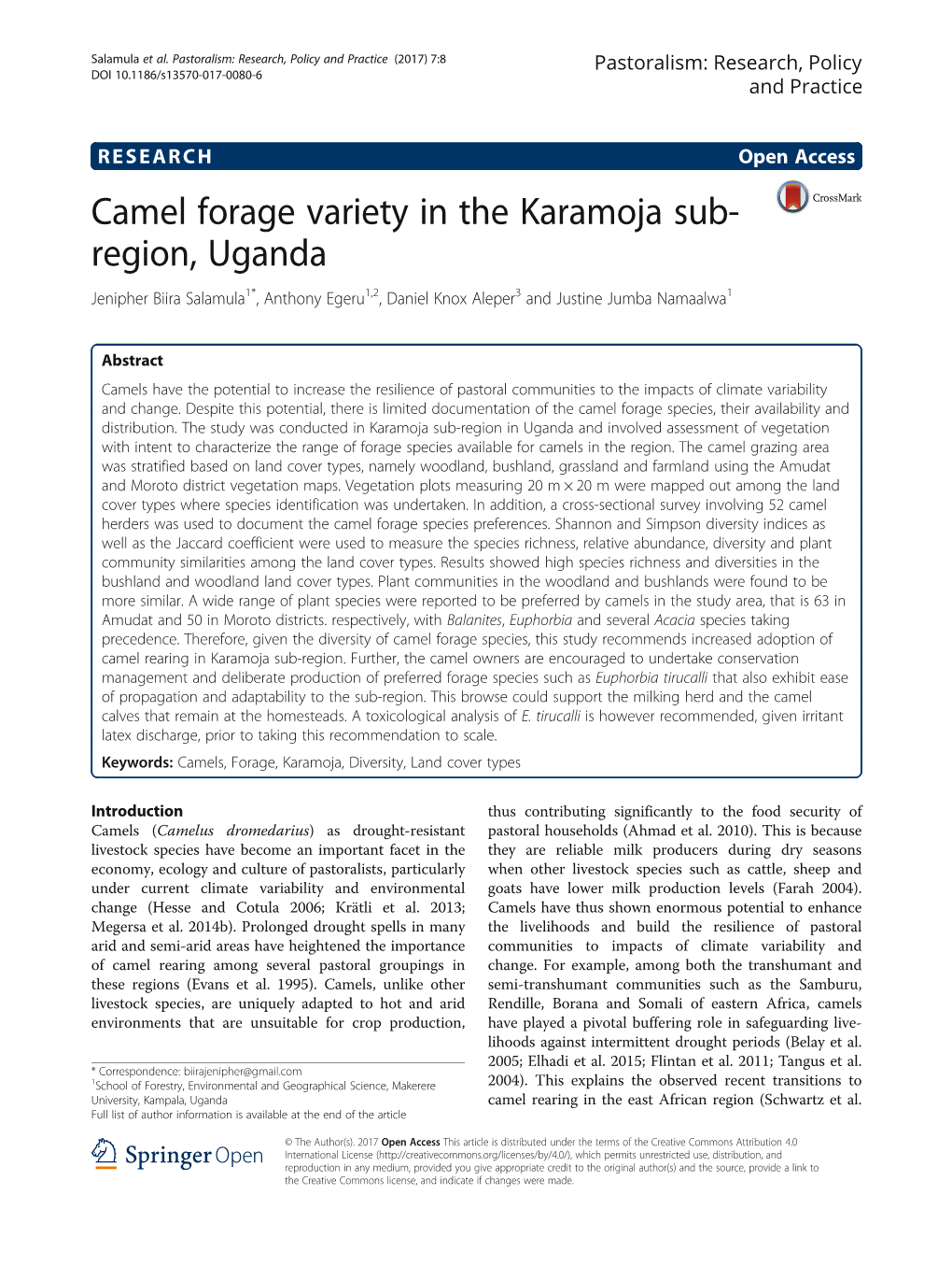 Camel Forage Variety in the Karamoja Sub-Region, Uganda