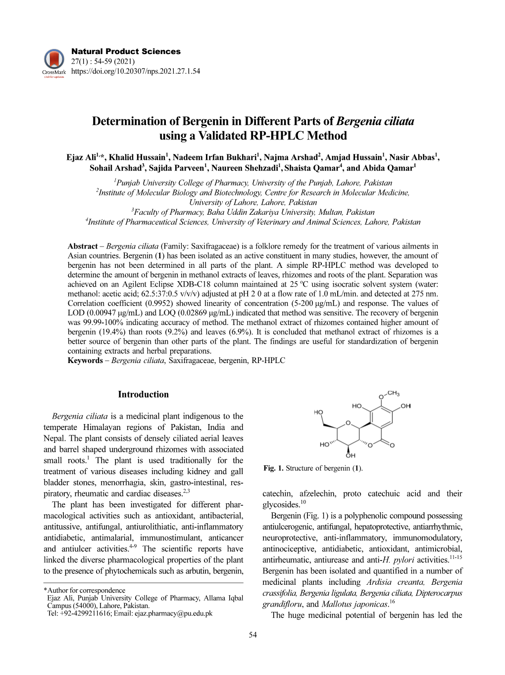 Determination of Bergenin in Different Parts of Bergenia Ciliata Using a Validated RP-HPLC Method