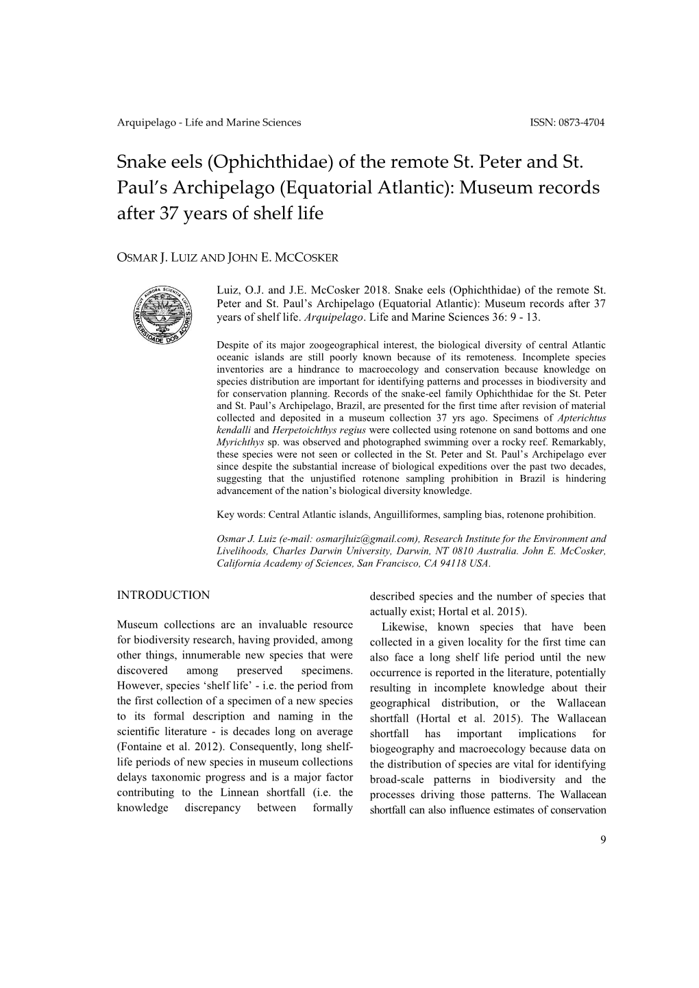 Snake Eels (Ophichthidae) of the Remote St. Peter and St. Paul's Archipelago (Equatorial Atlantic): Museum Records After 37 Ye